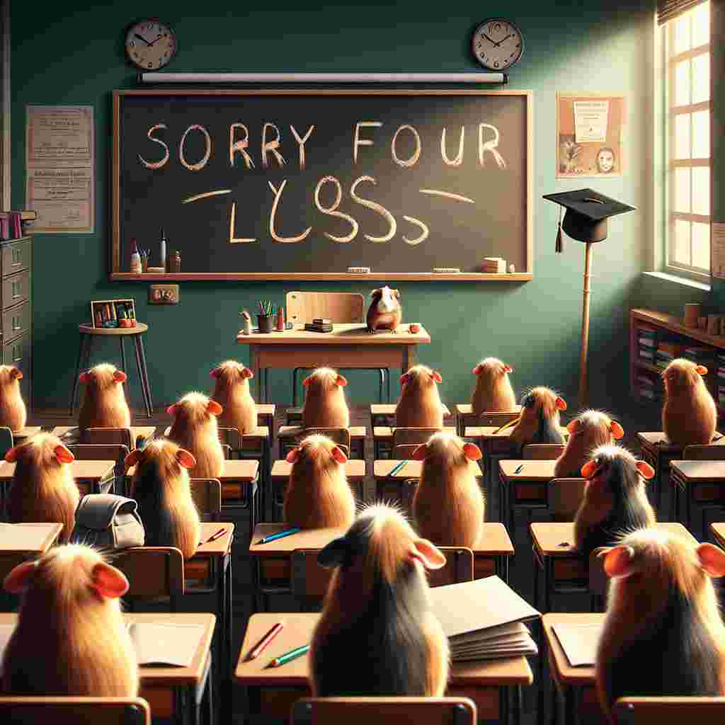 Generate an emotional illustration showcasing a classroom interior with an unoccupied teacher's desk positioned upfront. Background consists of a chalkboard with the inscription 'Sorry for your loss'. Populate the room with multiple guinea pigs exemplified as mini students, equipped with minuscule backpacks, positioned at their individual desks furnished with pencils and papers. Expressions on their faces should reflect a fusion of melancholy and appreciation as they glance towards the teacher's desk. A mortarboard and a certificate are situated on the desk, signifying the knowledge and nurturing the teacher had contributed over the duration of their companionship.
Generated with these themes: Sorry for your loss, School, Education, Guinea pigs , and Teacher.
Made with ❤️ by AI.