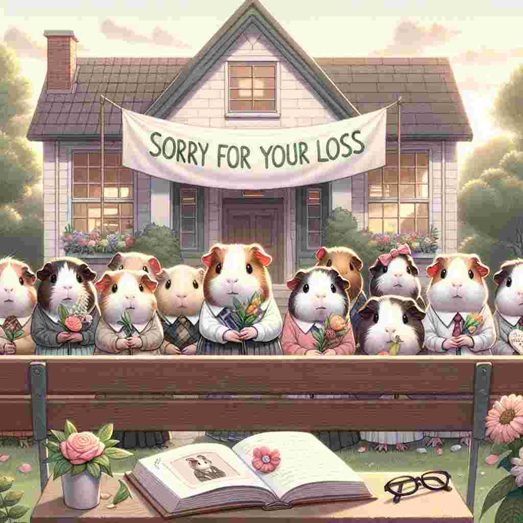 Generate a touching illustration depicting a group of guinea pig students, each with a flower or a handmade card, gathered outside a quaint schoolhouse. The banner above them reads 'Sorry for your loss'. On a bench in the foreground, there are a pair of glasses and an open book, hinting at the recent passing of a cherished teacher. The school environment is serene and filled with soft colors, eliciting a sense of respectful goodbye. This scene encapsulates the affection and regard the students have for their departed teacher.
Generated with these themes: Sorry for your loss, School, Education, Guinea pigs , and Teacher.
Made with ❤️ by AI.