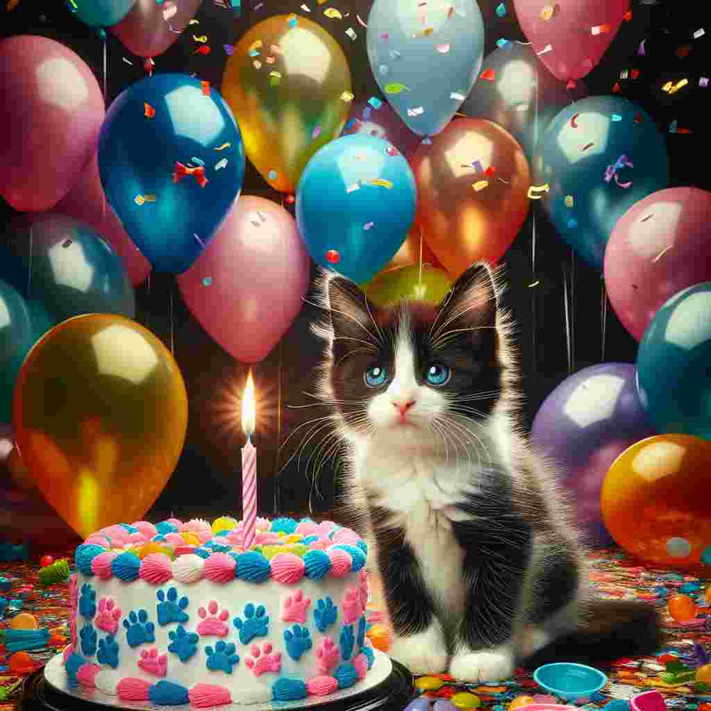 Create an enchanting image that captures an adorable black and white domestic shorthair kitten as the main attraction. The kitten has a dual-toned coat that mirrors the appearance of a tuxedo. It is positioned within a vibrant birthday setting, packed with a variety of brightly hued balloons, a delightful cake embellished with a pattern of paw-prints, and a random distribution of confetti that blankets the scene. The kitten's vivid blue eyes are sharply contrasted against its black coat, and they reflect a sense of intrigue as they focus on the gently swaying flame of a solitary birthday candle.
.
Made with ❤️ by AI.