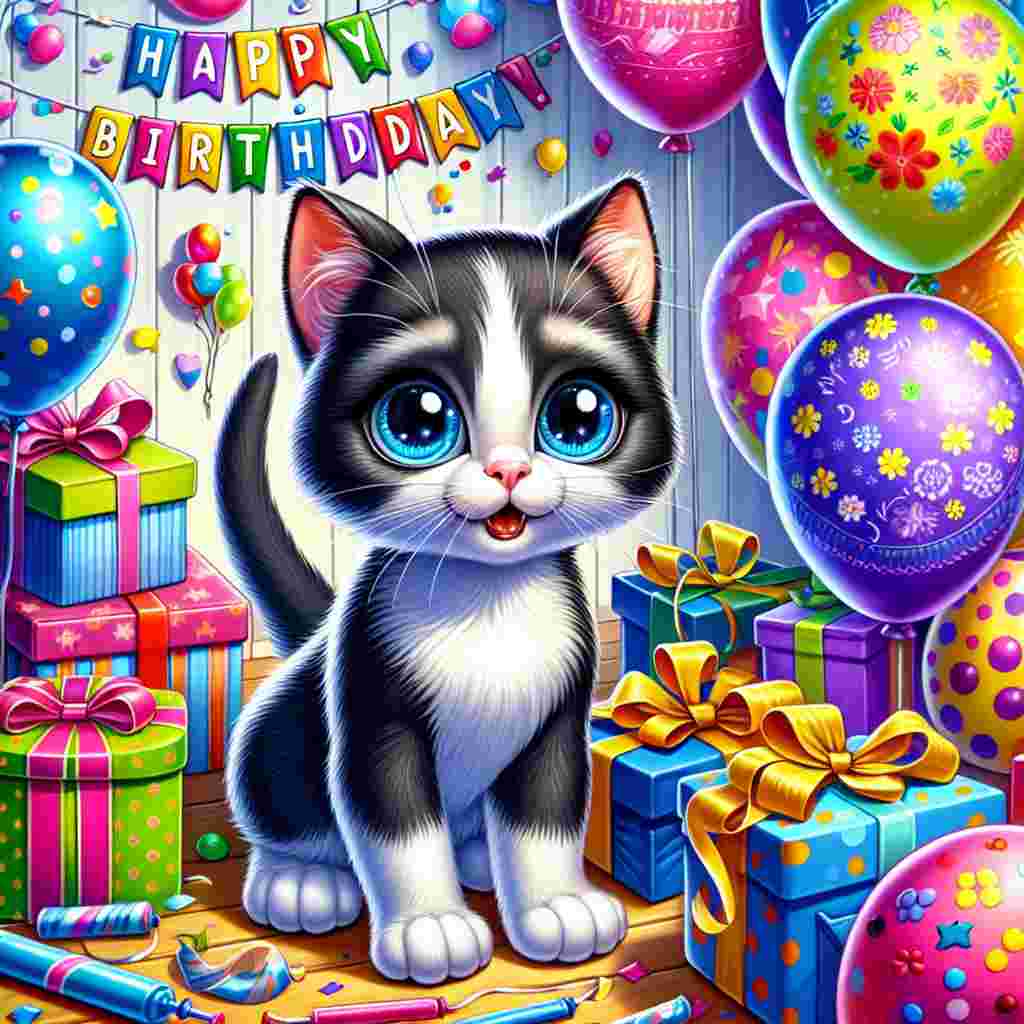 Picture a cartoon-style birthday extravaganza featuring a charming domestic shorthair kitten in the center. The kitten sports a sleek black and white coat. The entire scene is filled with whimsical holiday decorations: a 'Happy Birthday!' banner strewn across the wall, a pile of various gifts wrapped in bright, cheerful paper, and helium-filled balloons of different shapes and colors, bobbing in the air. The kitten's captivating, luminous blue eyes are wide open in awe and excitement as it playfully bats at a trailing ribbon from one floating balloon.
.
Made with ❤️ by AI.