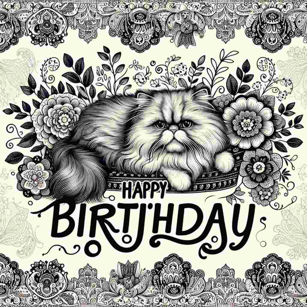 The birthday card presents a heartwarming scene of a Persian cat nestled among exquisitely drawn flowers and paisleys, reflective of Persian art. Above it, 'Happy Birthday' is written in a stylish, curvaceous typeface, evoking a sense of celebration.
Generated with these themes: Persian Birthday Cards.
Made with ❤️ by AI.