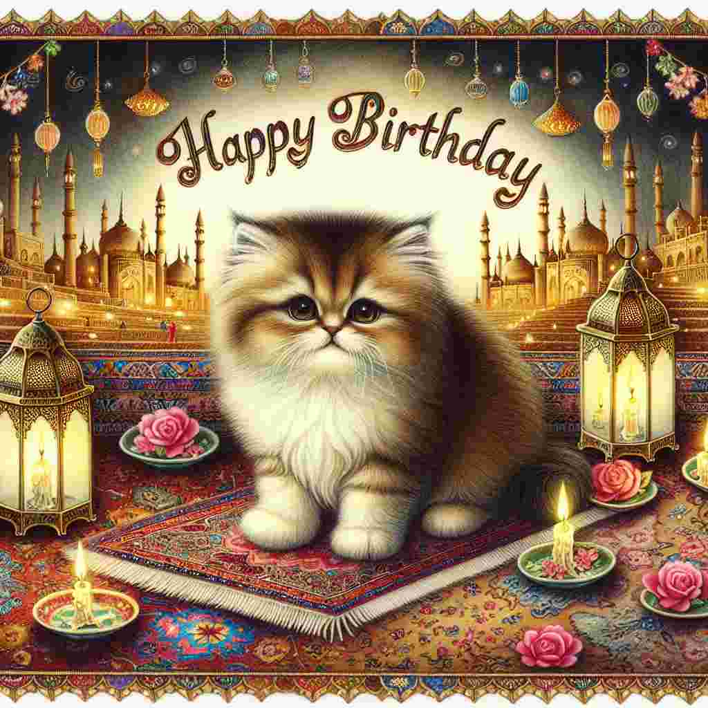 A cheerful birthday card illustration that captures the essence of a Persian celebration with a cute Persian kitten surrounded by miniature versions of classic Persian rugs, lanterns, and a 'Happy Birthday' inscription in a decorative font.
Generated with these themes: Persian Birthday Cards.
Made with ❤️ by AI.
