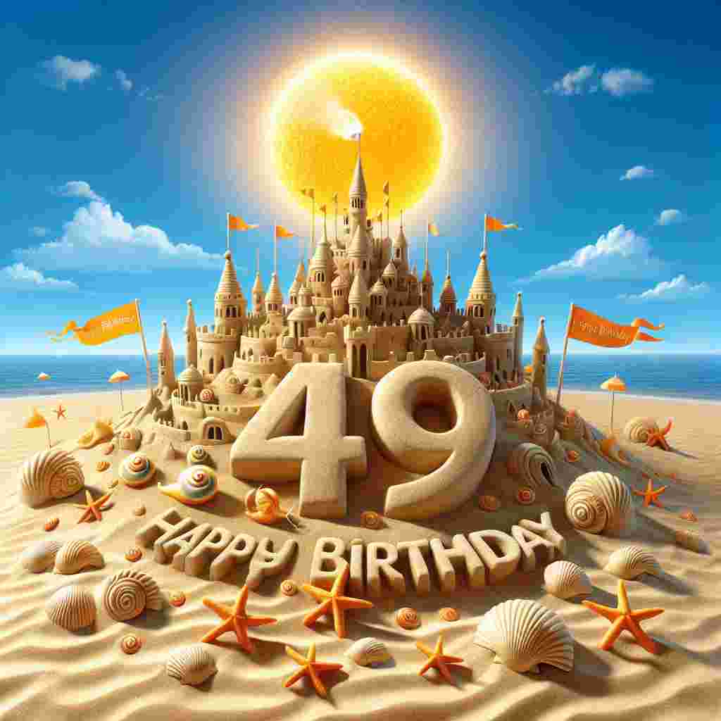 A vibrant beachscape with a sandcastle shaped like '49' and a 'Happy Birthday' flag waving at the top. Seashells and starfish with cheerful faces are scattered around, and in the sky, a sun with a warm grin shines down.
Generated with these themes: 49th  .
Made with ❤️ by AI.