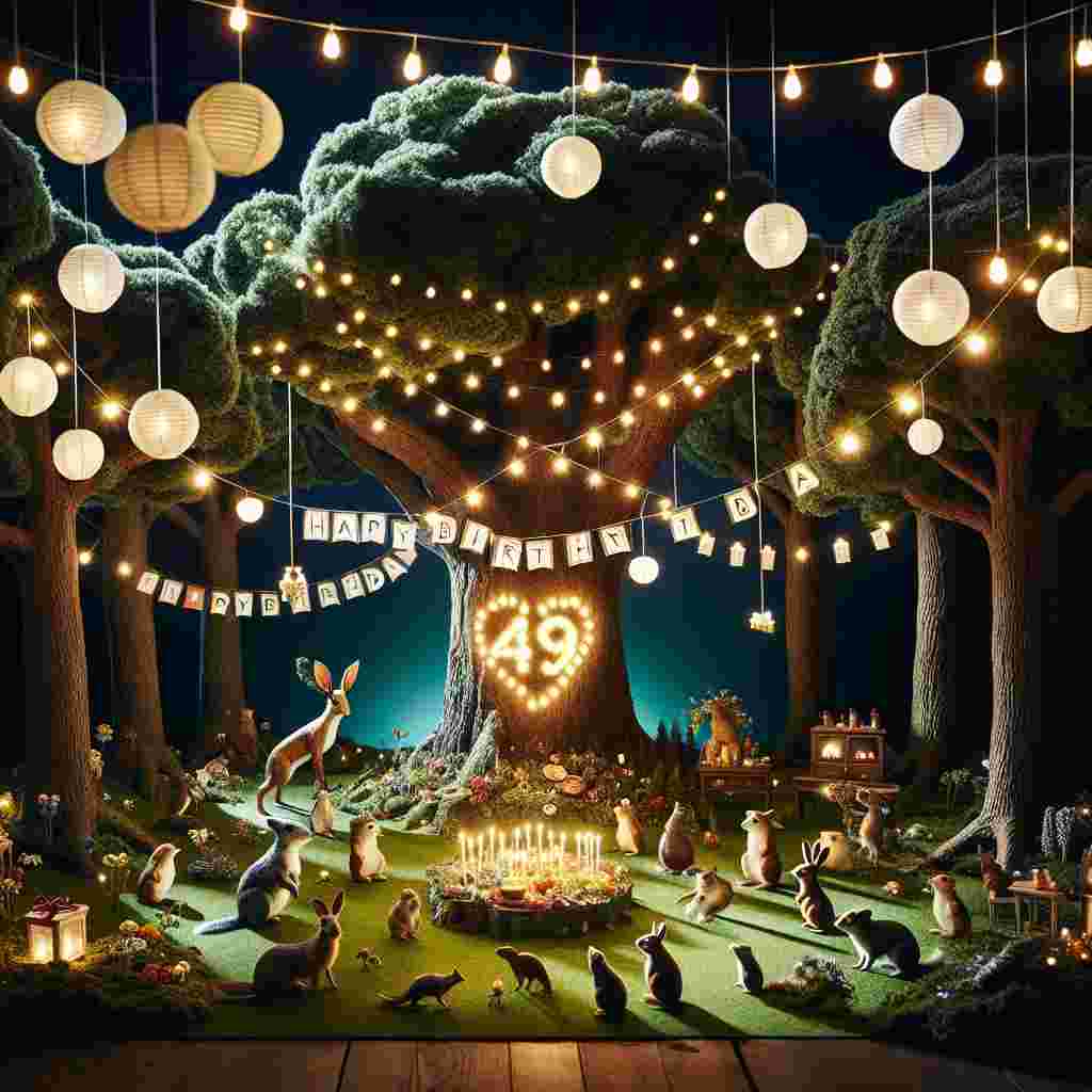 An enchanting forest clearing, adorned with string lights and paper lanterns that spell out 'Happy Birthday.' A central tree trunk displays a carved heart with '49' inside, and woodland creatures with party hats gather beneath to celebrate.
Generated with these themes: 49th  .
Made with ❤️ by AI.