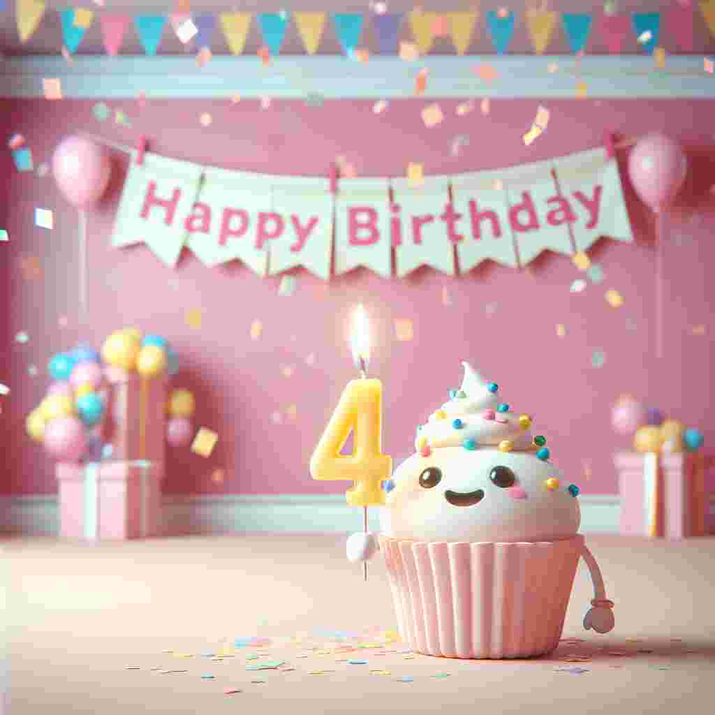 The illustration features a pastel-shaded room with a festive atmosphere, 'Happy Birthday' elegantly scripted on a wall banner. In the middle, a jovial cartoon character holds a cupcake with a single candle that shows '49', with confetti sprinkling down from above.
Generated with these themes: 49th  .
Made with ❤️ by AI.