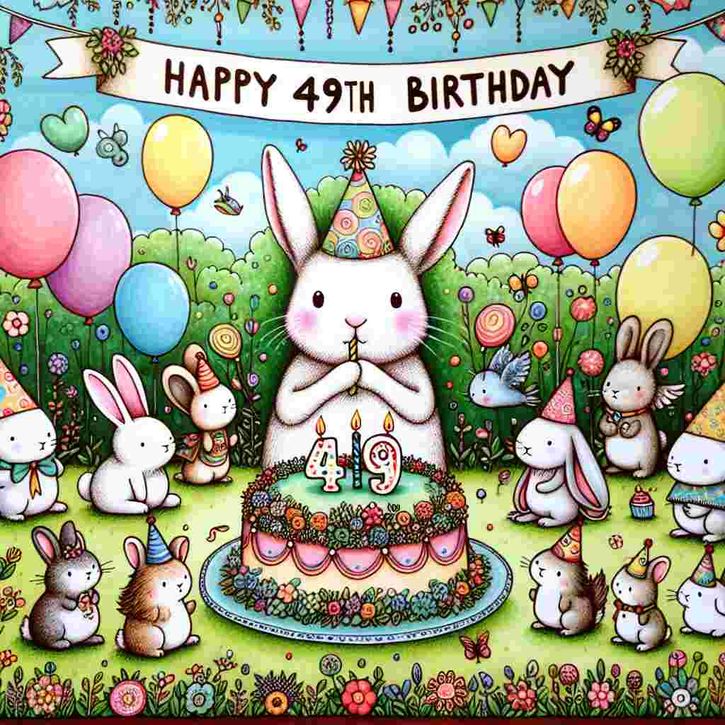 A whimsical garden party scene filled with balloons and a large banner that reads 'Happy 49th Birthday.' In the foreground, a hand-drawn rabbit in a party hat blows out candles on a colorful cake, surrounded by cute animal friends.
Generated with these themes: 49th  .
Made with ❤️ by AI.