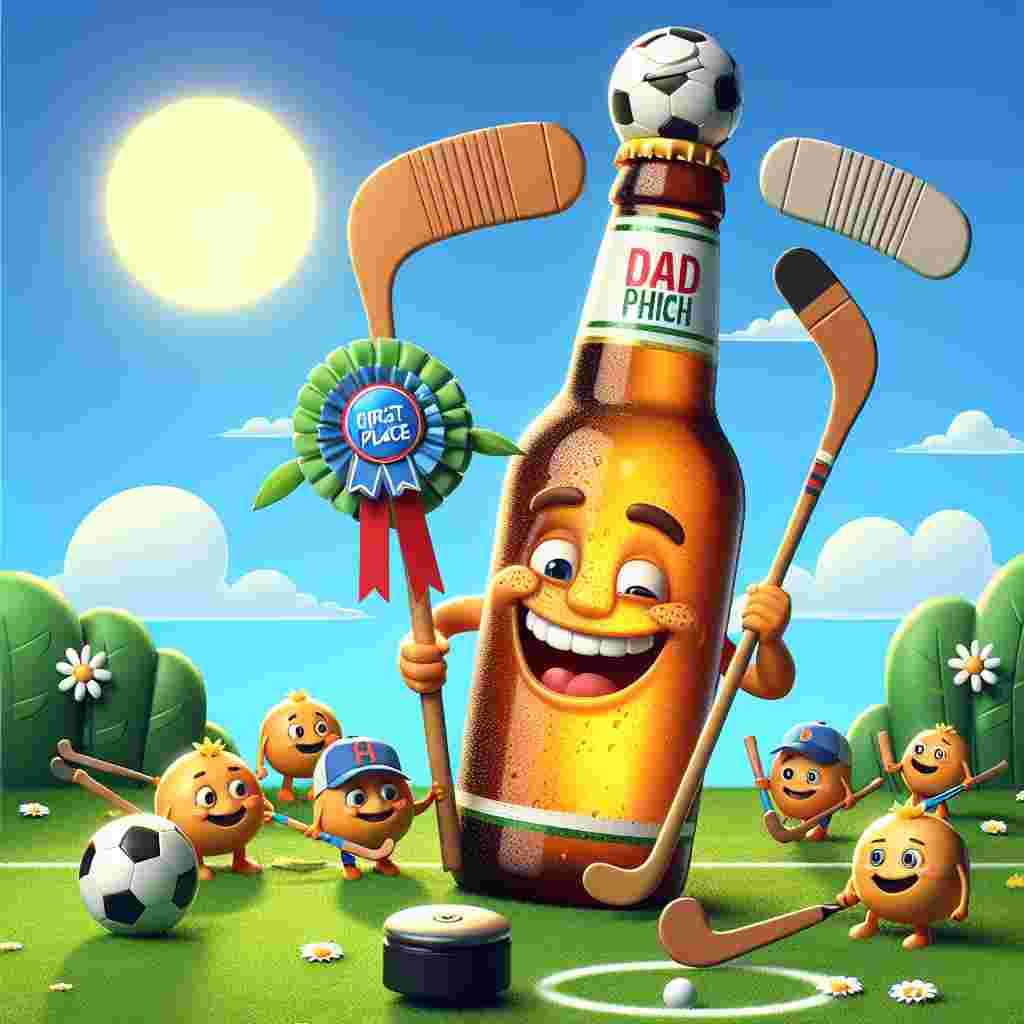 Illustrate a charming Father's Day scenario where a smiling cartoon beer bottle wearing a first place Dad ribbon effortlessly manages a small field hockey stick on top of its crown. Adjacent to the beer bottle, a group of animated hockey balls wearing mini dad hats observe a squad of tiny field hockey sticks engaged in a friendly contest. This joyous event is taking place on a rich, verdant lawn speckled with daisies, under a vibrant sun, resulting in an ambiance of jubilant celebration and family unity.
Generated with these themes: Field hockey, and Beer.
Made with ❤️ by AI.