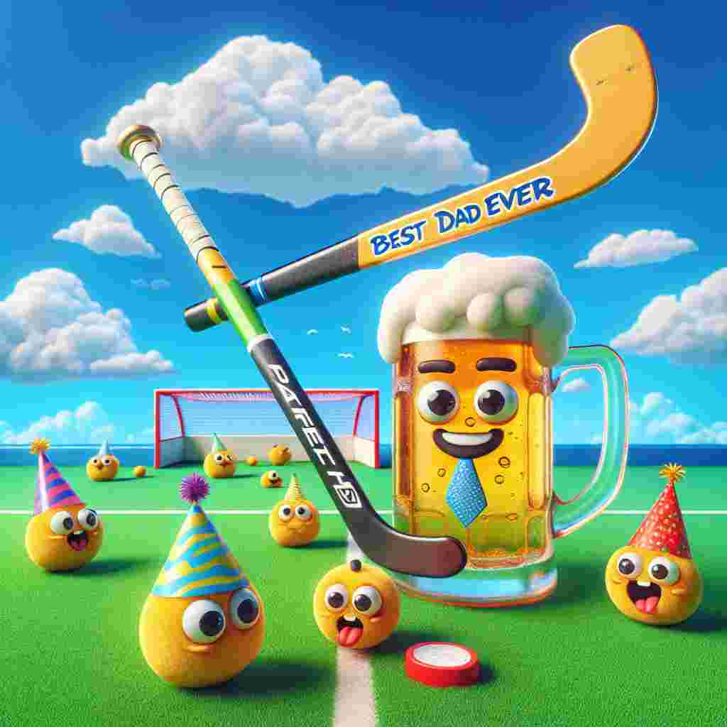 Show a delightful scene on a bright, grassy expanse underneath a vibrant blue sky dotted with fluffy clouds. In the midst of this landscape is a happy, anthropomorphic field hockey stick donning a necktie, standing next to a bubbly, animated beer mug with the phrase 'Best Dad Ever' inscribed on it. Joining this unique party are adorable, cartoon-like field hockey balls with eyes and mouths, all wearing vibrant party hats. They are engaging in a friendly field hockey game, symbolizing the joy and camaraderie characteristic of Father's Day festivities, and encapsulating the concept of fatherhood without depicting a human father figure.
Generated with these themes: Field hockey, and Beer.
Made with ❤️ by AI.