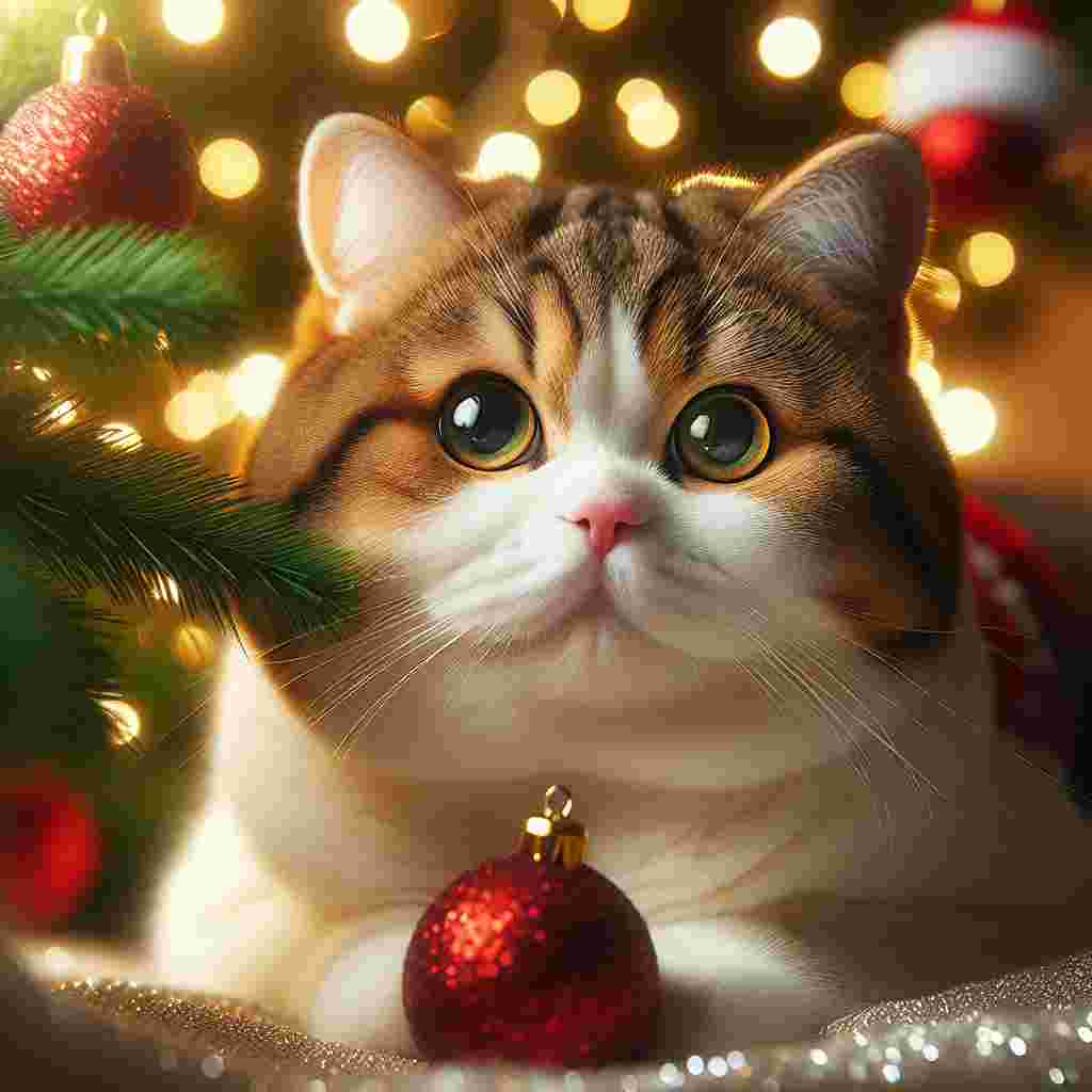 Depict a heartwarming holiday scenario. A chubby white domestic shorthair cat, characterized by expressive brown tabby stripes, rests comfortably by a glittering Christmas tree. The cat's captivating green eyes are filled with curiosity as they watch the glistening decorations swing slightly, their sheen mirrored in its gaze. Adding to its irresistible charm, a red Santa hat is carelessly perched on its head, giving way to whimsy.
.
Made with ❤️ by AI.