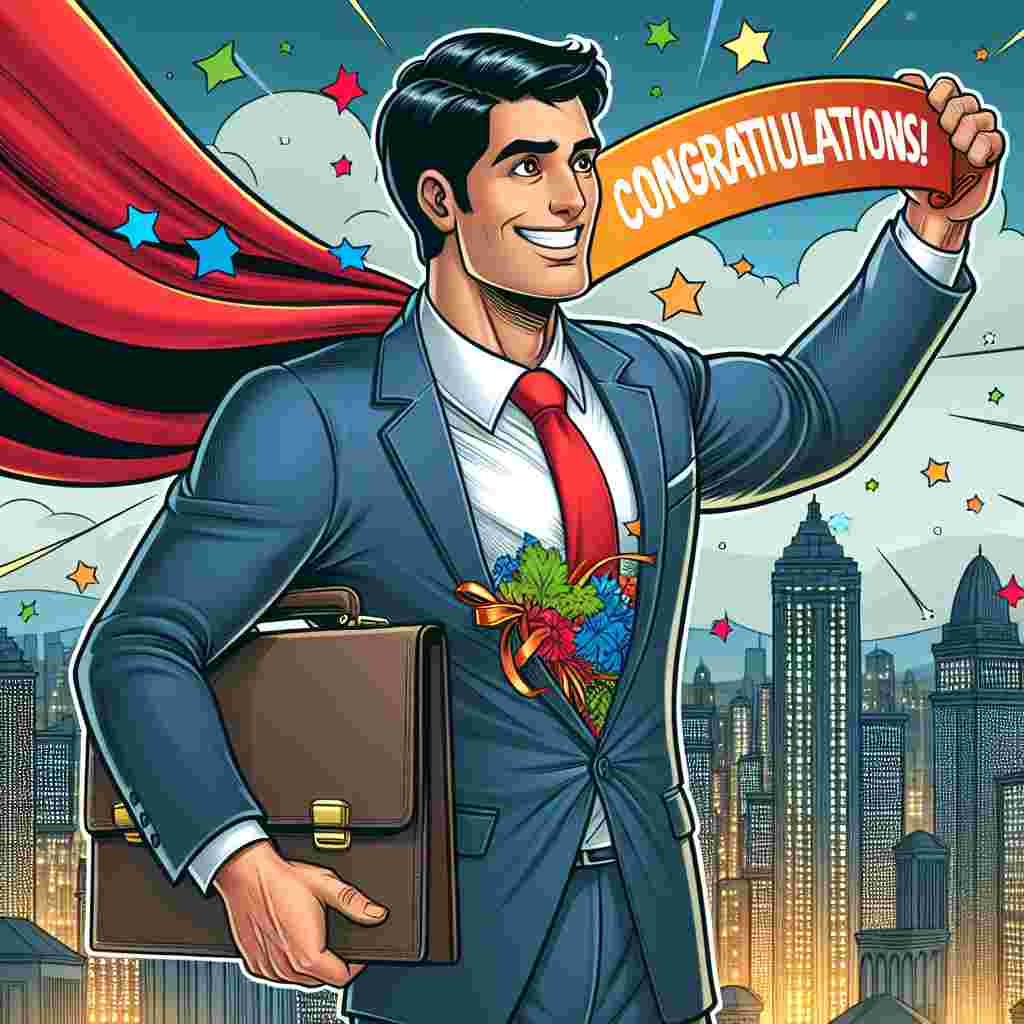 A joyful animation unfolds, featuring an engaging businessman of South Asian descent, holding a briefcase in one hand and gripping a brightly colored 'Congratulations!' banner with the other. Part of an epic hero costume peeks out from beneath his smooth business suit, conveying the impression of being prepared to swoop off and honor the achiever's accomplishment with heroic panache. The skyline of the metropolitan area behind him glitters with festive lights, bolstering the celebratory air.
Generated with these themes: Businessman who is secretly Superman .
Made with ❤️ by AI.
