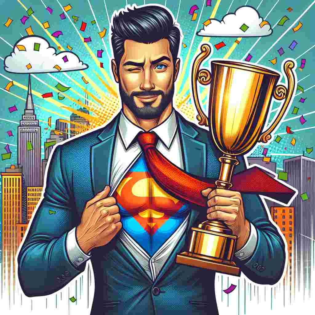 Show a fun, colorful illustration of a polished, stylish businessman of Hispanic descent, standing against a backdrop of a bustling city. He is proudly hoisting a shimmering trophy into the sky, the gleam from it catching your eye. He's winking playfully, hinting at a secret superhero identity, but without copyrighted symbols. Instead, a portion of a generic superhero logo peeks from his blazer. Above him, a confetti explosion in multiple hues forms the words 'Way to Go!', highlighting his achievement with a touch of superhero excitement.
Generated with these themes: Businessman who is secretly Superman .
Made with ❤️ by AI.