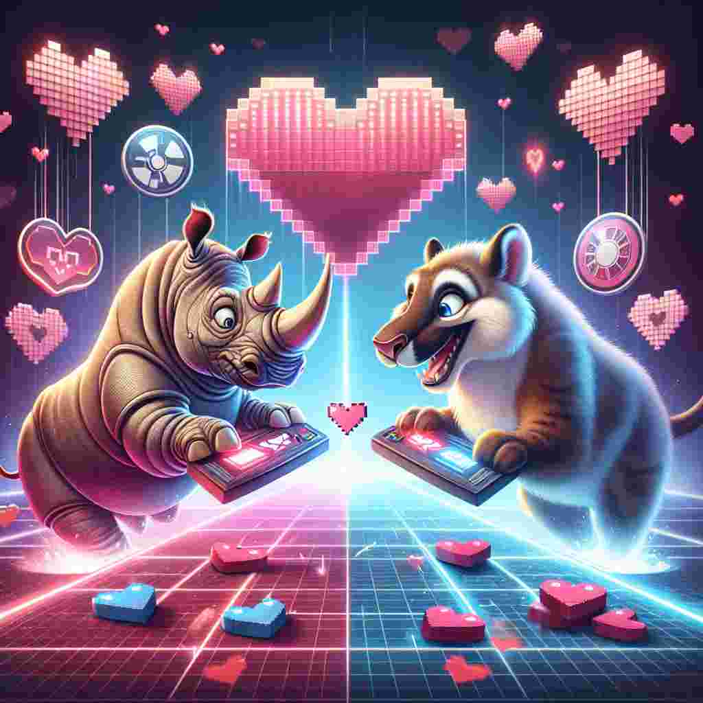 A captivating Valentine's Day scene emerges where a playful rhino and puma, both comically cartoonish with hearts as big as their bodies, are engaged in an amusing virtual game contest. Around them are pixelated hearts and icons alluding to the classic sci-fi genre, with light beams interlocked behind them and a fan-shaped creature from a science fiction universe cheering them on from the sidelines.
Generated with these themes: Rhino, Puma, Computer game, and Star wars.
Made with ❤️ by AI.