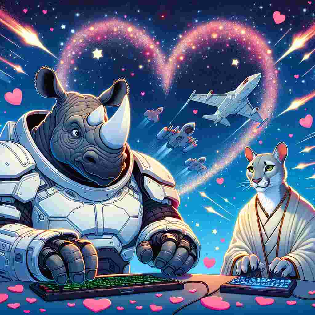 In a playful Valentine's digital universe, a captivated rhinoceros outfitted in futuristic white armored gear partakes in an intense virtual game face-off against a charismatic puma dressed in a mystical sage robe. Behind this engaging scene, a cluster of stars shapes itself into a heart, with spacecrafts leaving behind trails of digital heart fragments, harmoniously merging the narratives of love, video gaming, and space-fantasy theme in a cheerful spectacle.
Generated with these themes: Rhino, Puma, Computer game, and Star wars.
Made with ❤️ by AI.