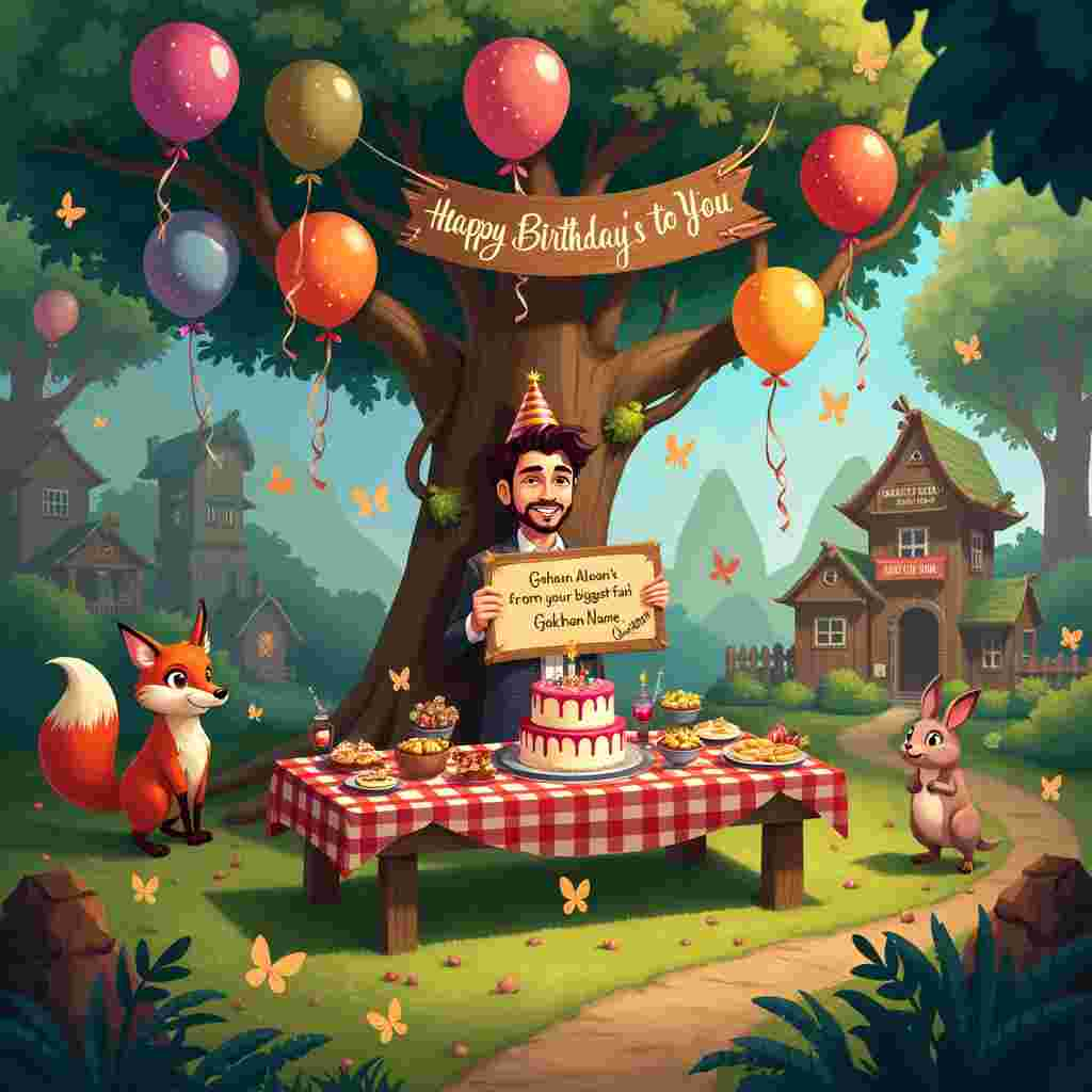 Picture this: a bustling, whimsical birthday party in full swing set in a magical, cartoonish forest clearing. At the center of the scene, there's a large, gnarled tree with wide branches forming a natural canopy. Hanging from the branches are colorful, oversized balloons with "Happy Birthday to You" written in elegant, swirling fonts. Each balloon is tied to the branches with vibrant ribbons fluttering in the breeze. 

Beneath the tree, there's a long, rustic wooden table covered with a checkered red-and-white tablecloth. The table is laden with a feast: a multi-tiered cake adorned with sparklers, plates stacked with cookies, and bowls overflowing with candy. In the midst of the festivities stands a life-sized cardboard cutout of Gokhan Alkan, the Turkish actor, with an endearing smile, holding a giant birthday card. The card he's holding reads "To [Recipient's Name], from your biggest fan, Gokhan Alkan!" and features his autograph.

Around the table, animated forest creatures are joining the celebration—foxes with party hats, squirrels juggling acorns, and rabbits dancing with streamers. On the tree trunk, there's a large, rustic wooden sign that says "Gokhan Alkan's Birthday Bash!" with arrows pointing to different activities: "Cake Cutting," "Pin the Tail on the Donkey," and "Dance Floor."

In the background, whimsical treehouses are visible, each decorated with twinkling fairy lights. There's a makeshift stage where a squirrel band is playing tiny instruments, adding a lively musical backdrop. Butterflies with tiny, glittery wings flit around, carrying miniature banners that spell out "Happy Birthday" in the sky.

To complete the scene, there's a little path leading into the forest, adorned with glowing lanterns, guiding more quirky, animated guests to the party. The entire scene is brimming with color, detail, and an unmistakable sense of joyous celebration.
Generated with these themes: Happy birthday to you , and Gokhanalkan .
Made with ❤️ by AI.