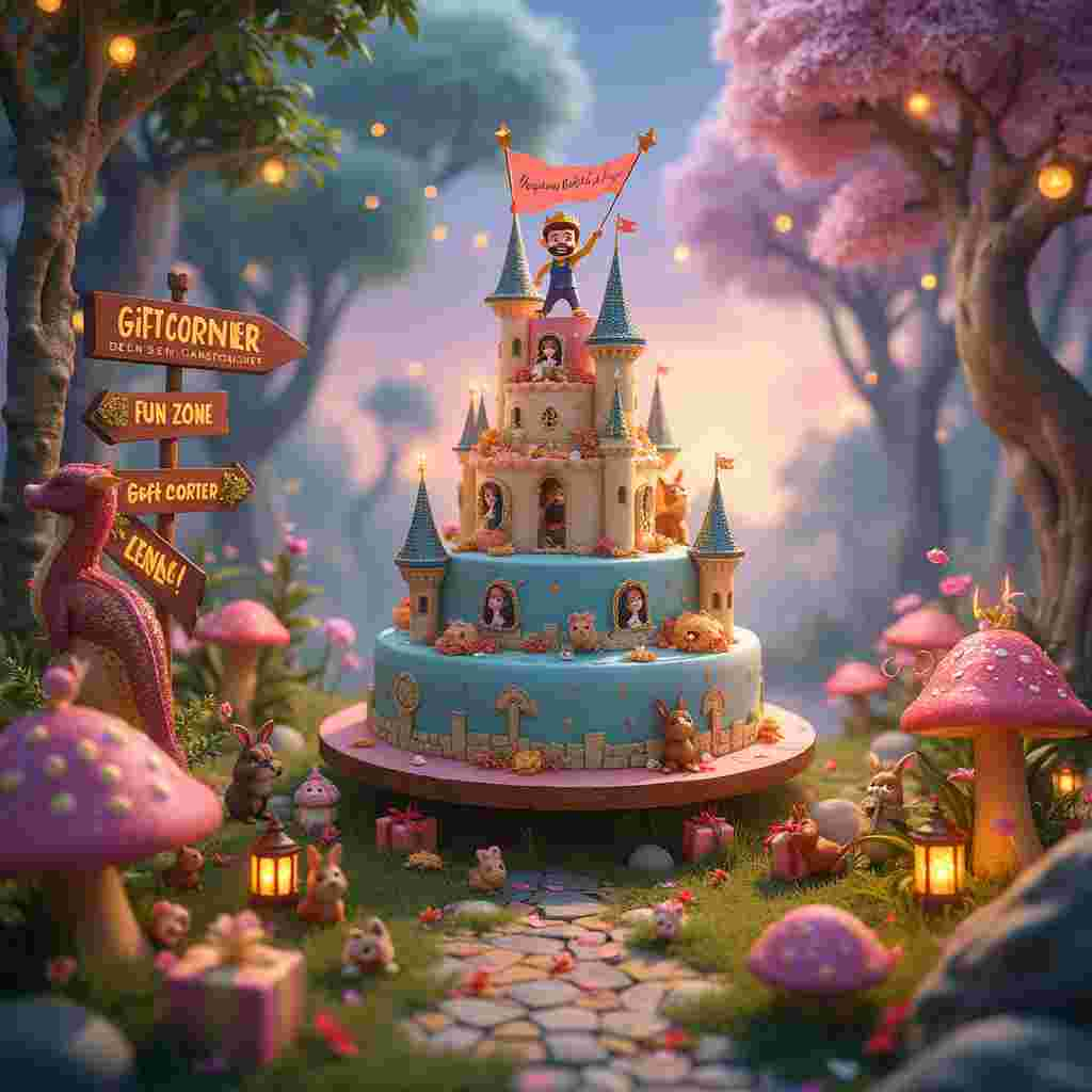 Picture a lively birthday party set in a surreal, whimsical world where reality meets fantasy. The scene is set in a lush garden with vibrant, oversized flowers and mushrooms. In the center stands a giant, ornate birthday cake shaped like a castle, complete with turrets and tiny windows. The cake's icing is a rich, royal blue, adorned with golden stars and a glittering banner that reads, "Happy Birthday to You!" 

Perched atop one of the cake's turrets is a small, animated figure of Gokhan Alkan, the Turkish actor, dressed in a princely outfit. He's waving a tiny flag that says "Gokhanalkan" and grinning broadly. Surrounding the cake are animated woodland creatures—rabbits in party hats, squirrels holding balloons, and birds singing with tiny instruments. 

To the left of the cake, there's a whimsical, wooden signpost with arrows pointing in various directions, labeled "Fun Zone," "Gift Corner," and "Dance Floor." Each arrow is adorned with colorful, blinking fairy lights. On the "Gift Corner" side, there’s a table overflowing with beautifully wrapped presents, each with intricate designs featuring tiny portraits of Gokhan Alkan in different roles he’s played.

The sky above is a dreamy, twilight purple, scattered with floating, glowing lanterns that spell out "Happy Birthday" in various languages. In the background, a magical forest with trees made of candy and leaves that look like lollipops adds to the fantastical setting. 

Near the cake, a small, playful dragon with iridescent scales is blowing out birthday candles with a gentle puff of smoke. The ground is a patchwork quilt of grass and cobblestone pathways, with flower petals gently drifting through the air.

Every detail in this scene combines to create a fantastical birthday celebration that’s uniquely magical, filled with nods to Gokhan Alkan and bursting with imaginative charm.
Generated with these themes: Happy birthday to you , and Gokhanalkan .
Made with ❤️ by AI.