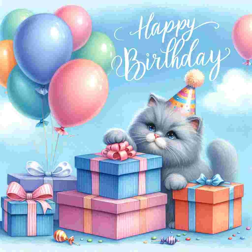 A charming illustration of a fluffy Russian Blue cat donning a festive party hat and gently pawing at a colorful pile of gift-wrapped presents. Above, whimsical balloons float, with 'Happy Birthday' written in elegant cursive against a pastel blue sky.
Generated with these themes: Russian Blue Birthday Cards.
Made with ❤️ by AI.