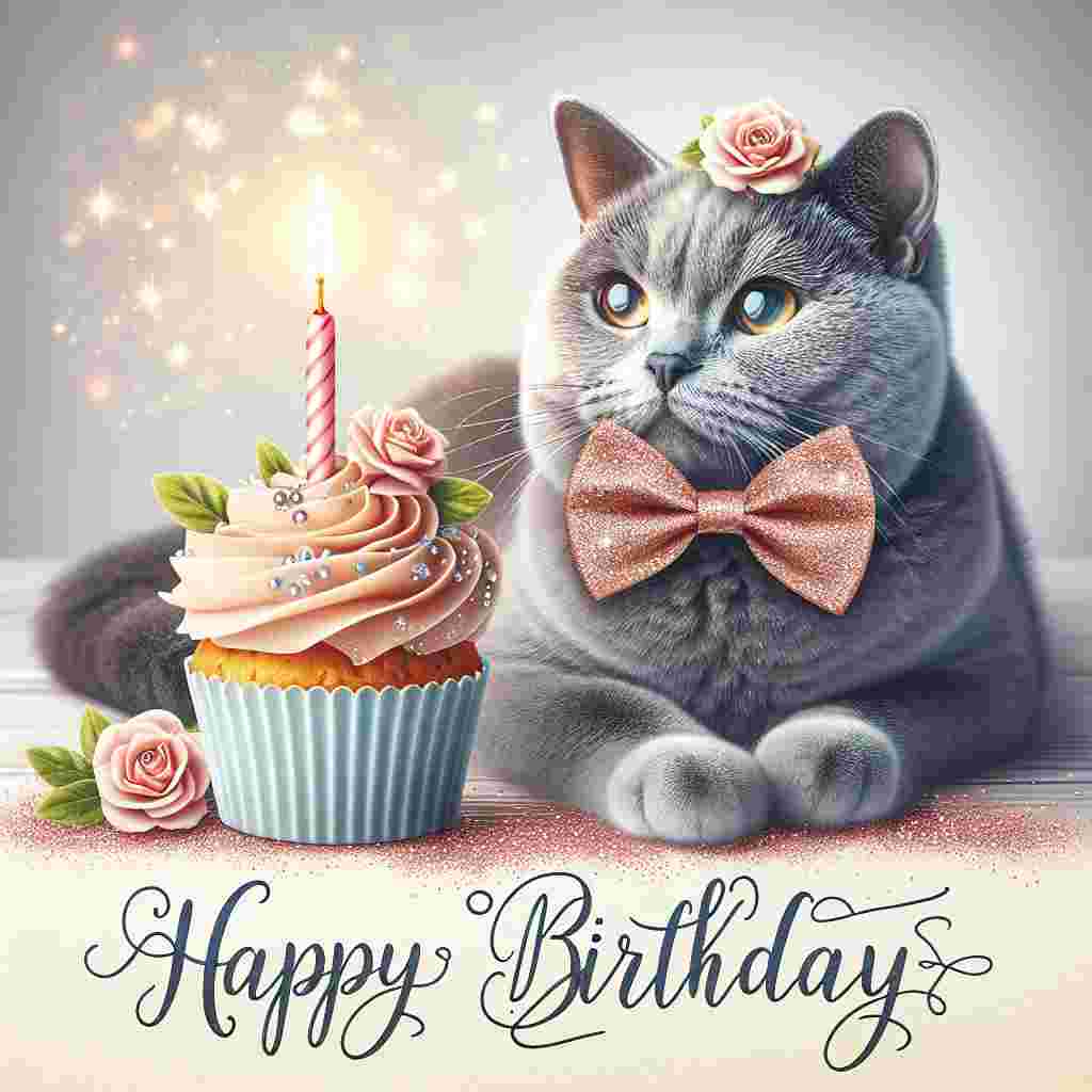 The design showcases a serene Russian Blue wearing a cute bow tie, seated beside a cupcake with a single lit candle. Softly falling glitter frames the scene, with 'Happy Birthday' in stylish script at the foreground.
Generated with these themes: Russian Blue Birthday Cards.
Made with ❤️ by AI.