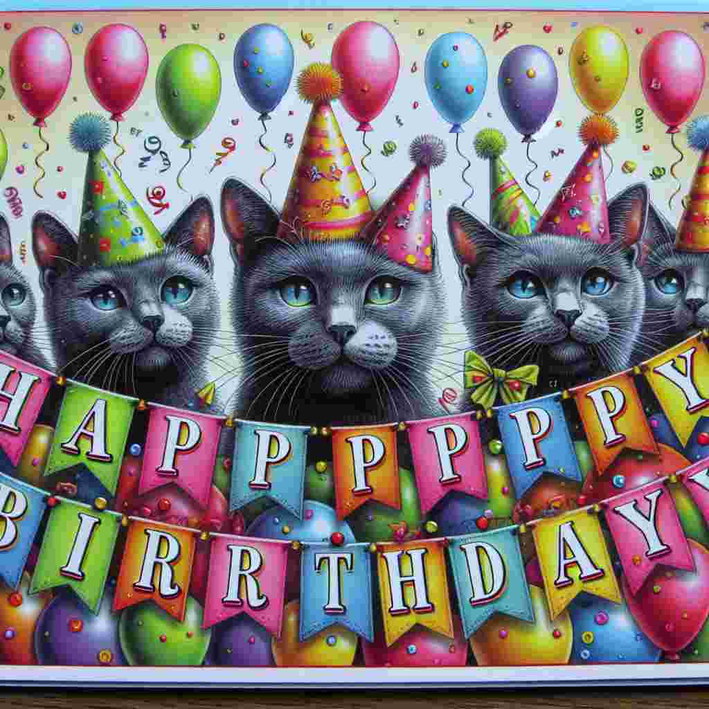 This lovely card depicts a cluster of Russian Blue cats with party hats, sitting amidst balloons and streamers. A banner unrolls across the card, presenting the phrase 'Happy Birthday' in cheerful, bubbly lettering.
Generated with these themes: Russian Blue Birthday Cards.
Made with ❤️ by AI.