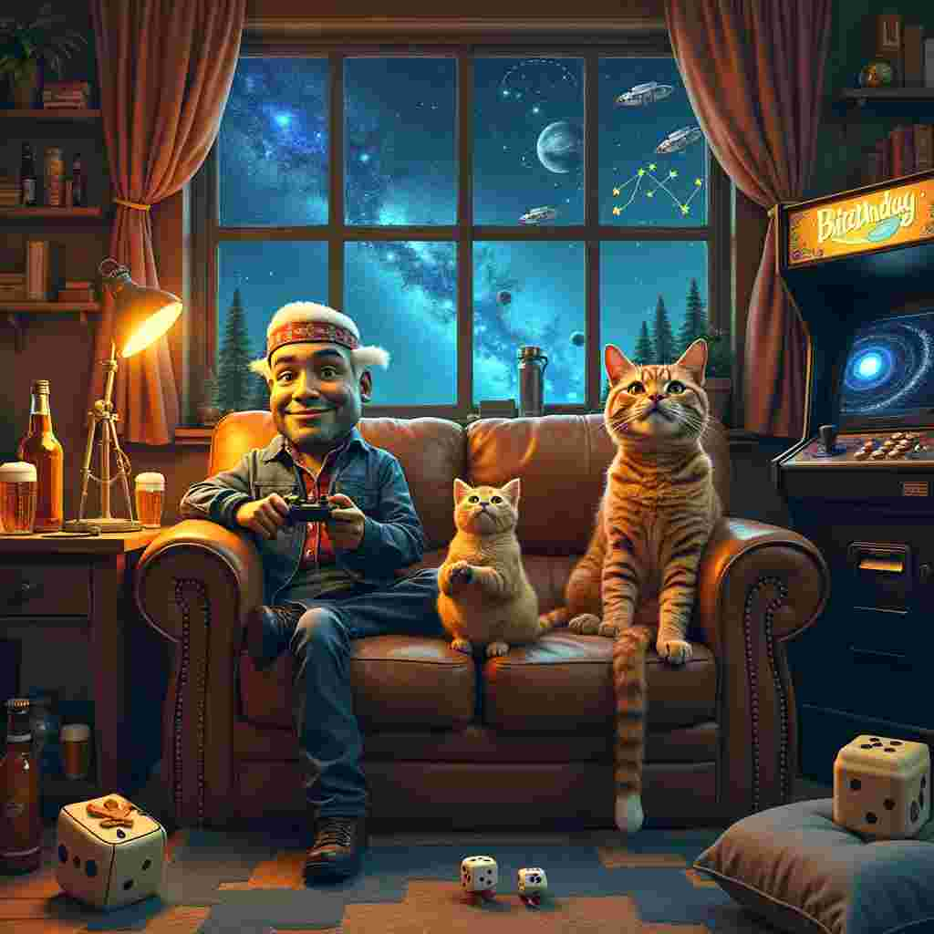 In the foreground of the scene, we see a cozy, slightly worn-out brown leather couch with a subtle cosmic pattern etched into the fabric. On it, a trio of quirky characters sit. The first is an anthropomorphic beer bottle with a frothy cap and a contented smile, holding a vintage joystick in one hand. Beside it, a stargazing cat with a shimmering, night-sky-patterned fur peers through an old-fashioned brass telescope, its eyes wide with celestial wonder. The third character, a pixelated video game hero with a mischievous grin, holds a glowing controller, aiming it towards a retro TV screen in the background.

Behind them, an expansive window reveals a stunning night sky filled with swirling galaxies, shooting stars, and distant planets, each twinkling with a vibrancy that seems almost magical. The window’s frame is decorated with tiny fairy lights, adding a warm, festive glow. To the left of the couch, a rustic wooden table is cluttered with an array of beer bottles in various shapes and sizes, each labeled with whimsical names and adorned with tiny hats or capes, as if they have their own personalities.

On the right side of the room, an old arcade machine stands tall, its screen displaying an 8-bit version of the Milky Way, with spaceships made of frothy beer mugs flying around. Above it, a shelf filled with astronomy books and video game memorabilia, including tiny figurines of classic game characters and miniature planets, adds a touch of nostalgia.

The floor is scattered with plush cushions shaped like constellations and a fluffy rug that mimics a star map. A small, quirky detail: a pair of oversized dice, one displaying stars instead of numbers, lies near the couch, hinting at a celestial-themed board game left mid-play.

This scene is a whimsical blend of starry wonder, gaming nostalgia, and beer bottle camaraderie, creating a surreal, yet realistic birthday celebration in a universe where these themes magically coexist.
Generated with these themes: Star gazing beer gaming.
Made with ❤️ by AI.