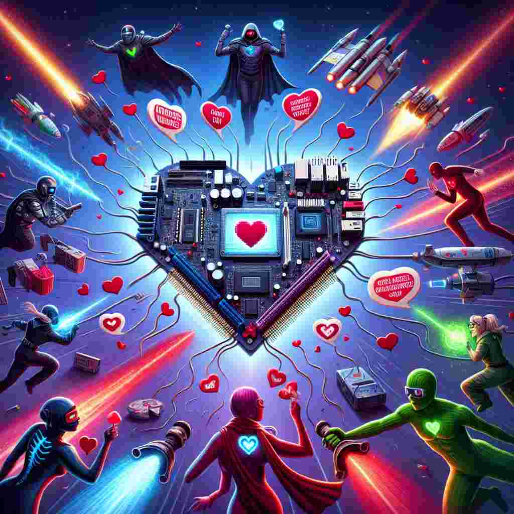 Imagine a whimsical Valentine's setting that combines the thrill of technology gaming and popular culture excitement. Central to the picture is a computer motherboard shaped like a heart, pulsing with dynamic energy. Surrounding it, flirty characters wearing masked superhero costumes of diverse colors, from black to red to green, are found exchanging heart-shaped notes filled with nerdy, affectionate remarks. Their speech bubbles are filled with these expressions of quirky admiration. The outer encompassing elements of the scene include energy swords glowing in passionate red and blue colors, while combat spacecraft etch out a heart formation against a boundless galactic backdrop.
Generated with these themes: Computer games, Marvel, and Star wars.
Made with ❤️ by AI.