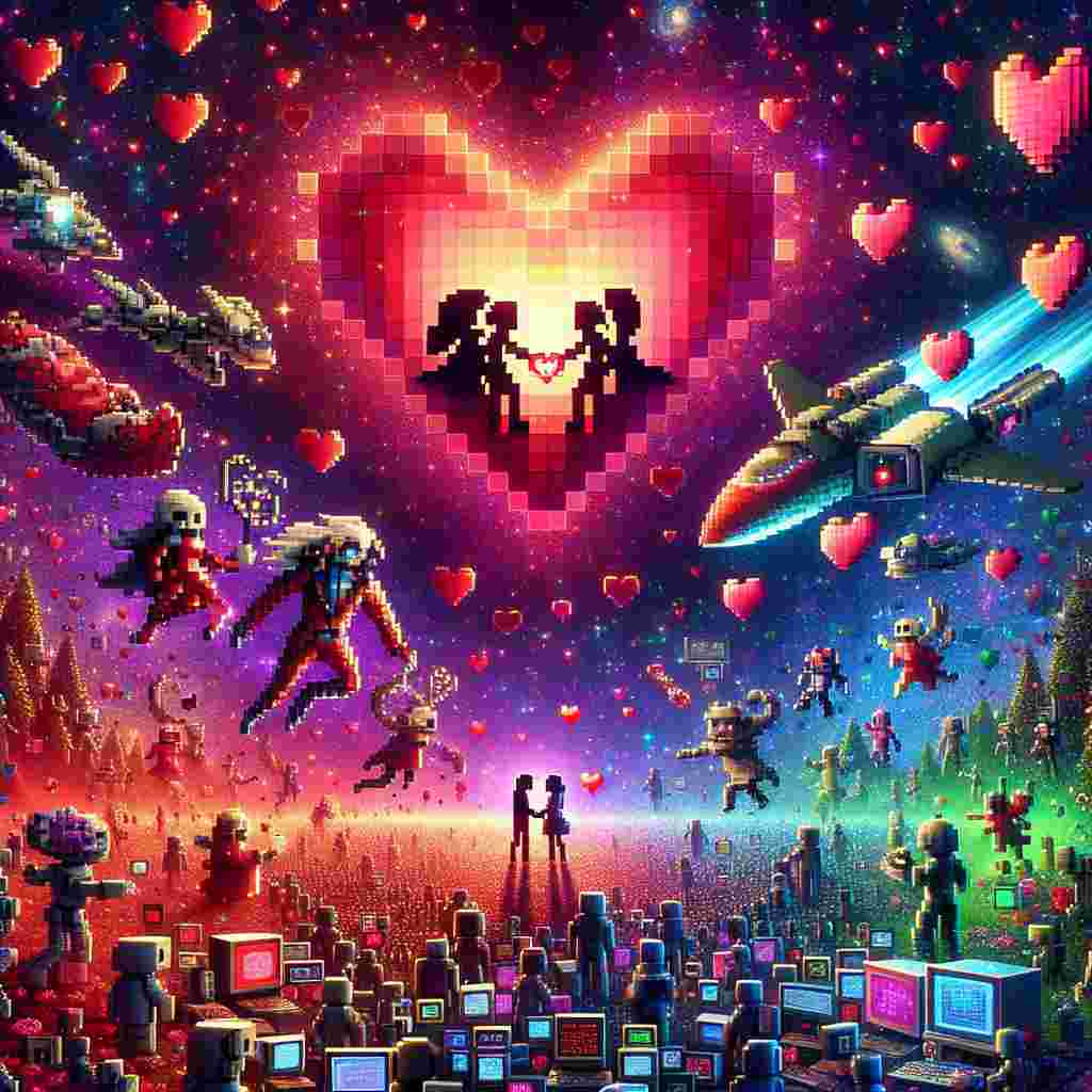 A vivid fantasy Valentine's Day scenario loaded with affection and nerd culture, presenting pixelated hearts floating above a jolly scene filled with computer game elements. In the hub, unidentifiable fictional characters partake in tender exchanges, casting gallant silhouettes against a setting sprinkled with futuristic-looking spacecraft, their distinctive forms transitioning into representations of love and companionship under a sky sparkling with 8-bit stars.
Generated with these themes: Computer games, Marvel, and Star wars.
Made with ❤️ by AI.