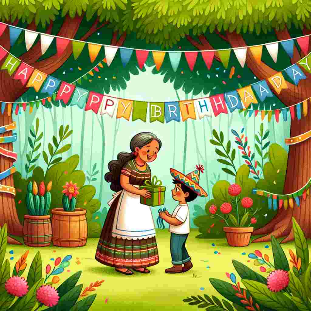 The scene is a quaint garden party with a happy mum at the center, joyfully presenting a gift to her child. Streamers drape the background and the phrase 'Happy Birthday' hangs from a banner strung between two trees.
Generated with these themes: happy  mum.
Made with ❤️ by AI.