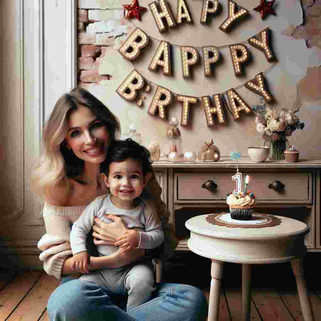 A cozy indoor birthday setting featuring a happy mum cuddling her little one, with a small table adorned with a birthday cupcake and decorations. The words 'Happy Birthday' are etched on the wall in a whimsical font.
Generated with these themes: happy  mum.
Made with ❤️ by AI.