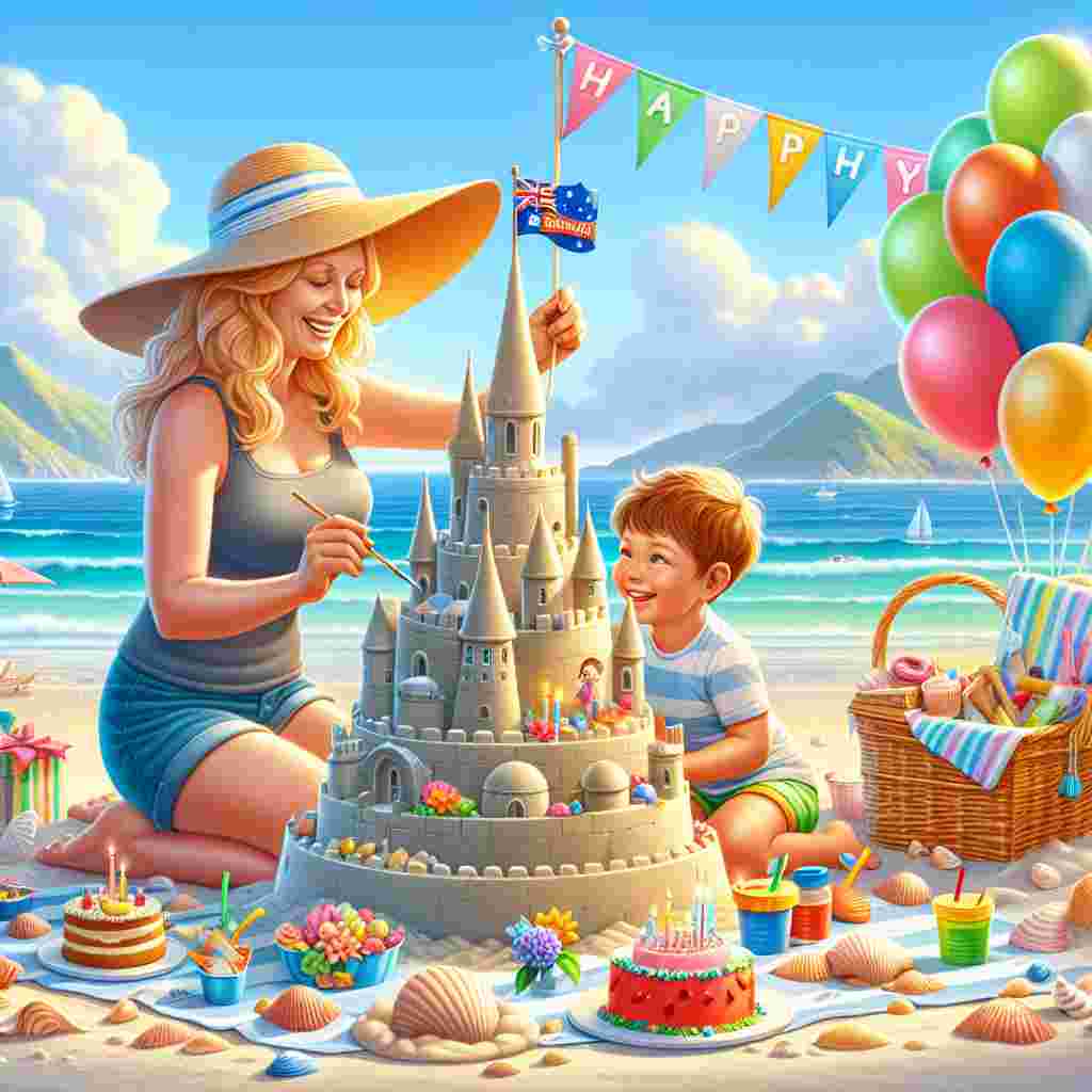 An animated beach birthday scene where a happy mum wearing a sun hat is building a sandcastle with her child, a festive 'Happy Birthday' flag planted on top, surrounded by seashells and a picnic setup.
Generated with these themes: happy  mum.
Made with ❤️ by AI.