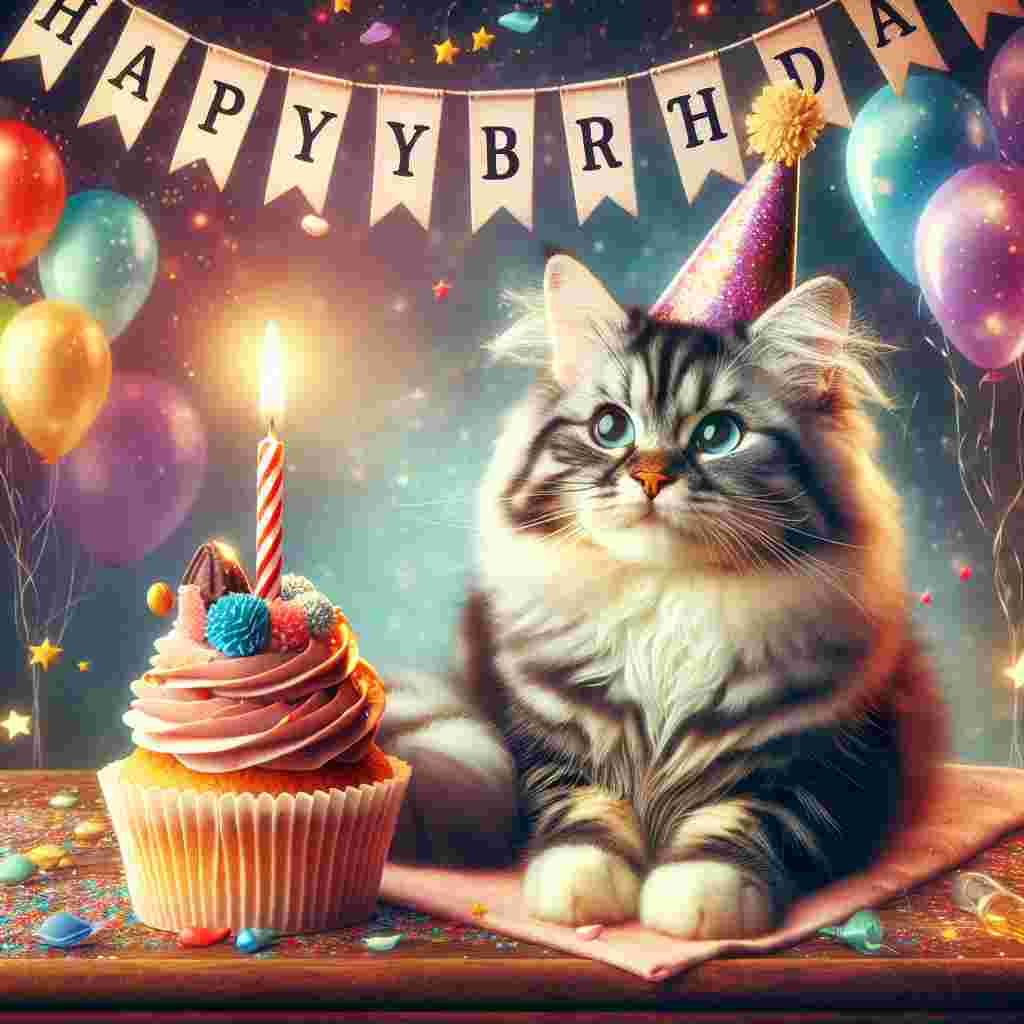 A charming birthday card features an American Bobtail cat with festive party hat seated beside a cupcake with a single candle, with a banner above reading 'Happy Birthday' amidst a background of floating colorful balloons.
Generated with these themes: American Bobtail Birthday Cards.
Made with ❤️ by AI.