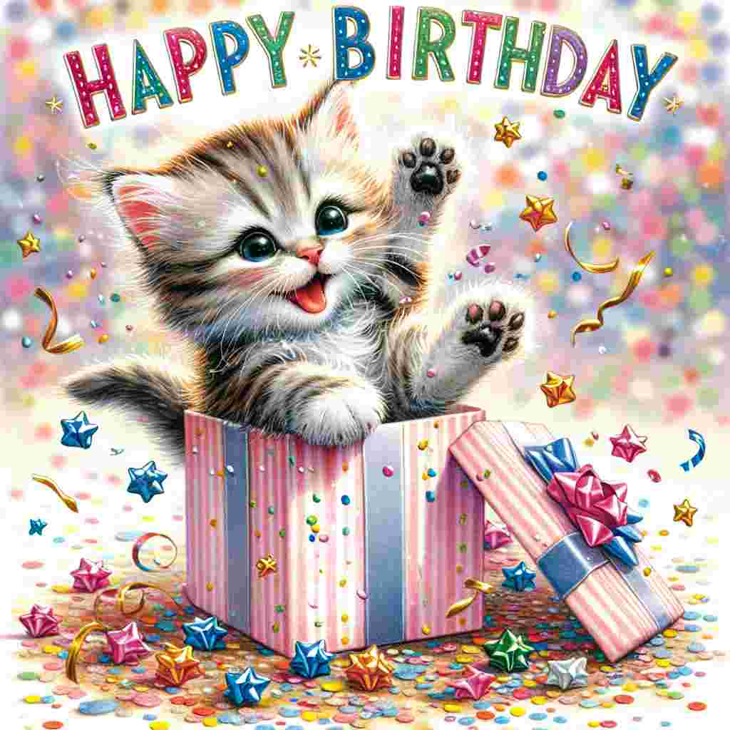 On this delightful birthday card, an American Bobtail kitten bursts out of a gift box surrounded by confetti, with 'Happy Birthday' in bold letters on the top, set against a pastel-hued backdrop sprinkled with stars.
Generated with these themes: American Bobtail Birthday Cards.
Made with ❤️ by AI.