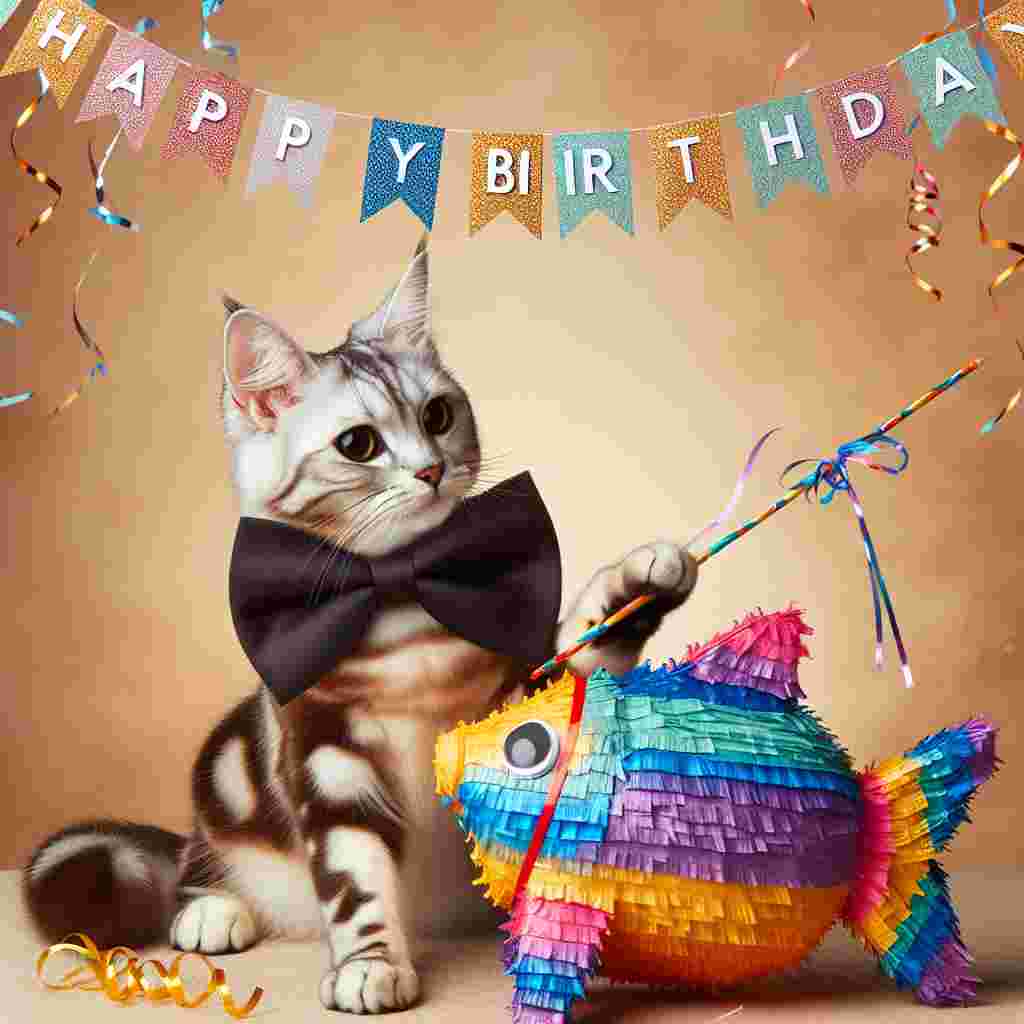 The birthday scene on the card showcases an American Bobtail cat donning a bow tie, gently pawing at a piñata shaped like a fish, with 'Happy Birthday' cheerfully hung on streamers in the upper corner of the design.
Generated with these themes: American Bobtail Birthday Cards.
Made with ❤️ by AI.