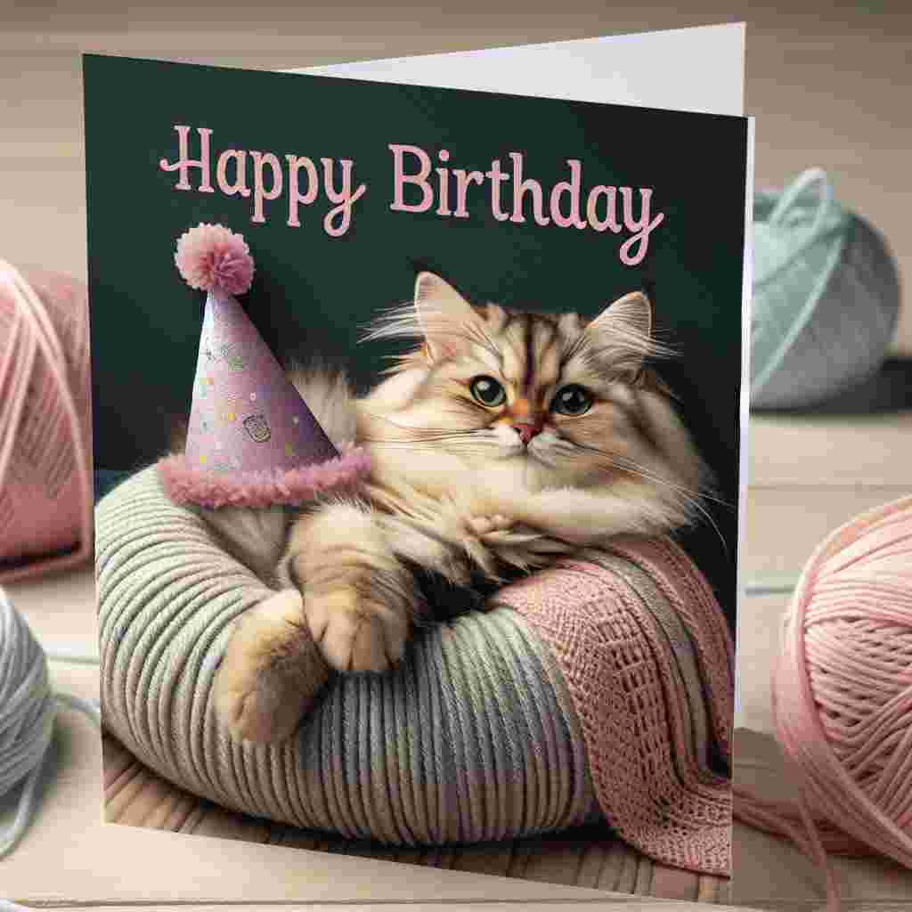 This endearing birthday card depicts a cozy scene where an American Bobtail snuggles in a bed of soft yarn, with a birthday hat tilted on its head, and the warm greeting 'Happy Birthday' written on a cushion beside it.
Generated with these themes: American Bobtail Birthday Cards.
Made with ❤️ by AI.