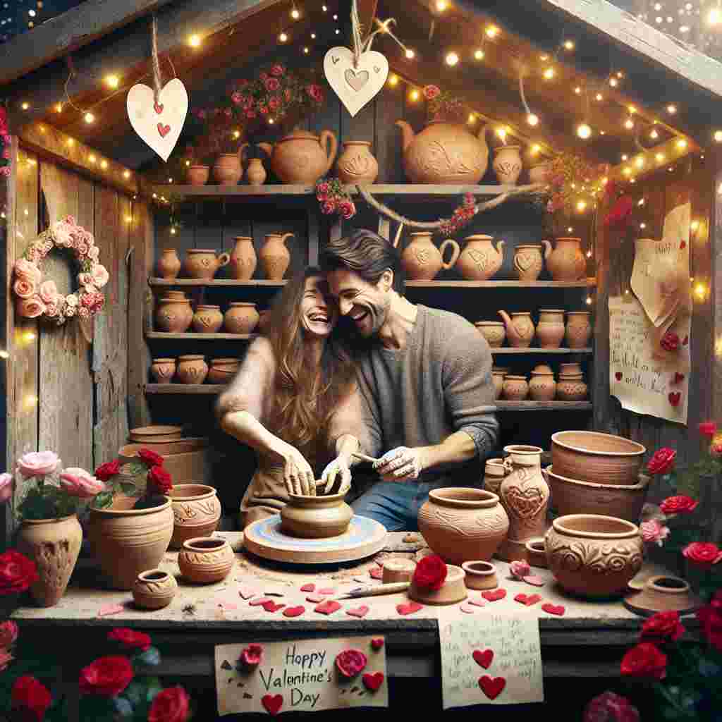 Create a charming Valentine's Day image showing a quaint, rustic wooden potting shed lit up with twinkling fairy lights and decorated with blooming roses. Inside the shed, see a plethora of artisanal clay pots, each molded into the shape of a heart and neatly arranged on wooden shelves. A Caucasian man and a Middle-Eastern woman are side by side, joyously and laughingly shaping a pot on a wheel, absorbed in their labour of love. Amid the joyous atmosphere, love letters, Valentine's Day cards, and sweet notes are pinned on the walls, contributing to the romantic ambiance of the scene.
Generated with these themes: Pottery, and Potting shed.
Made with ❤️ by AI.