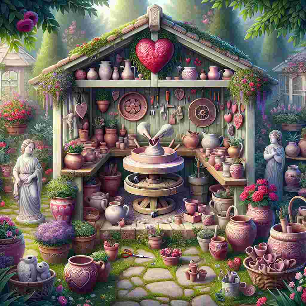 Depict a serene garden setting showing an endearing potting shed that is housed among flourishing plants and vibrant flowers. The shed is overflowing with various ceramics in shades of pink and red, with many of them showcasing heart designs in spirit of Valentine's Day. Include detailed elements like heart-shaped pots, pruners, trowels and watering cans. The focal point of the image should be a potter's wheel in the middle of the space, with two anonymous hands skillfully crafting a heart-shaped vase, symbolizing love and the art of creation. Accent the scene with figurines resembling Roman gods of love and Valentine's inspired decorations scattered throughout the cosy space.
Generated with these themes: Pottery, and Potting shed.
Made with ❤️ by AI.