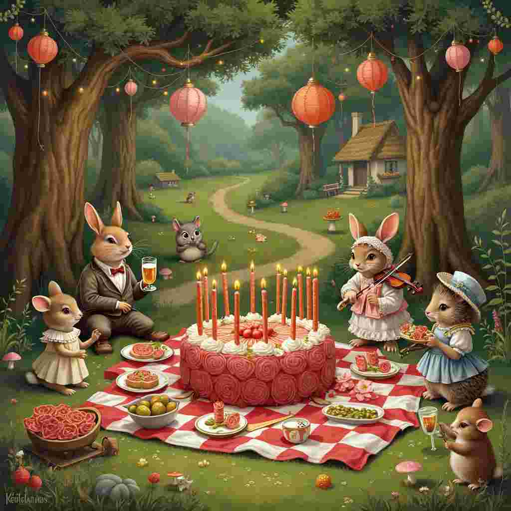 In the scene, a jubilant birthday picnic unfolds in a lush, enchanted forest glade. The centerpiece is a whimsical, oversized picnic blanket adorned with an elaborate checkerboard pattern in vibrant reds and whites, laid out on a meadow sprinkled with delicate wildflowers. At the heart of this festive spread, there is an enormous, elaborately decorated birthday cake, crowned with a cascade of candles in the shape of salami slices.

Seated around the blanket are a delightful array of anthropomorphic woodland creatures, reminiscent of Beatrix Potter's charming characters, each dressed in vintage attire. A dapper rabbit wearing a waistcoat and monocle raises a glass of sparkling apple cider, while a hedgehog in a frilly bonnet slices a chunk from a large, glistening salami, which she holds delicately with a pair of ornate silver tongs. Nearby, a family of mice in pastel-colored, Victorian-style clothing cheerfully nibble on tiny salami sandwiches, arranged like dainty tea cakes on fine china plates.

Hanging from the trees, festooned with fairy lights and paper lanterns, are festive banners that say "Happy Birthday" in a whimsical, hand-lettered style. Perched on a low-hanging branch, an owl in a top hat plays a miniature violin, serenading the lively gathering. To one side, a small wooden cart, painted in cheerful colors, overflows with an array of salami-themed snacks and treats, from salami-stuffed olives to delicate salami roses artfully arranged on a platter.

In the background, the forest is detailed with towering, ancient trees, their gnarled branches and foliage creating a natural canopy. Interspersed among the trees are toadstools, some the size of small tables, adding to the enchanted ambiance. A winding path leads to a quaint, fairy-tale-like cottage in the distance, its thatched roof peeking through the verdant greenery, hinting at more birthday revelers yet to arrive.

This intricate and whimsical scene, inspired by a blend of Maurice Sendak’s imaginative charm and Arthur Rackham’s detailed line work, is bursting with tiny, delightful details that make it a captivating and humorous birthday card cover.
Generated with these themes: Salami.
Made with ❤️ by AI.