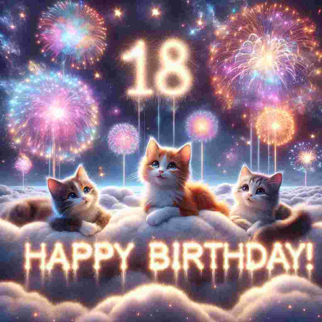 A dreamy setting where a family of cats on cloud pillows watch a sky filled with fireworks. Among the sparkling stars, the words '18 Happy Birthday!' glow with a soft light, adding a magical touch to the birthday theme.
Generated with these themes: Cats, and Clouds.
Made with ❤️ by AI.
