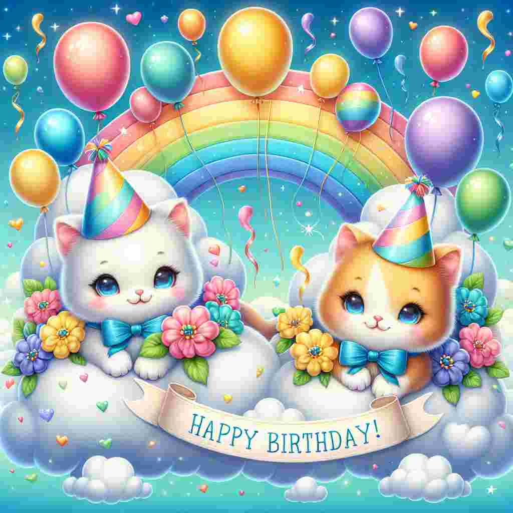 A whimsical scene with playful cats wearing party hats, nestled among fluffy clouds in the sky. They're surrounded by balloons and a rainbow, with the text '18 Happy Birthday!' floating on a cloud banner above them.
Generated with these themes: Cats, and Clouds.
Made with ❤️ by AI.