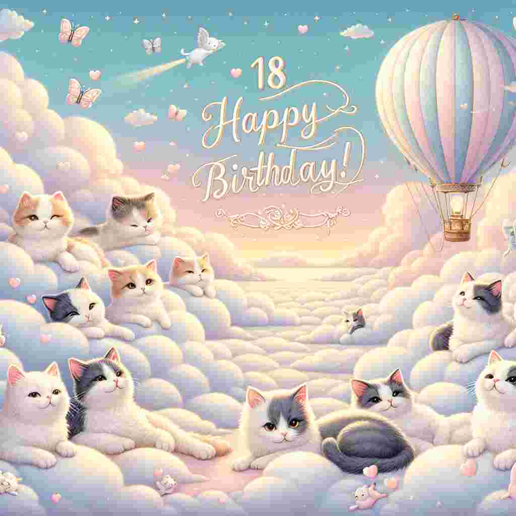 A serene image featuring cats lounging on clouds as if they are soft beds, with a pastel sky in the backdrop. A hot air balloon floats gently by, displaying the banner '18 Happy Birthday!' in elegant script.
Generated with these themes: Cats, and Clouds.
Made with ❤️ by AI.