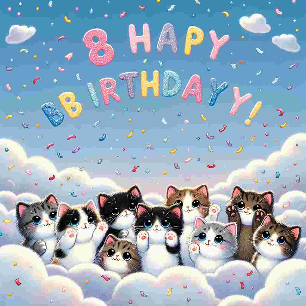 An adorable illustration where a cluster of kittens are peeking out from behind clouds, with paws playfully swatting at floating confetti. Overhead, the sky is adorned with the message '18 Happy Birthday!' in bright, cheerful lettering.
Generated with these themes: Cats, and Clouds.
Made with ❤️ by AI.