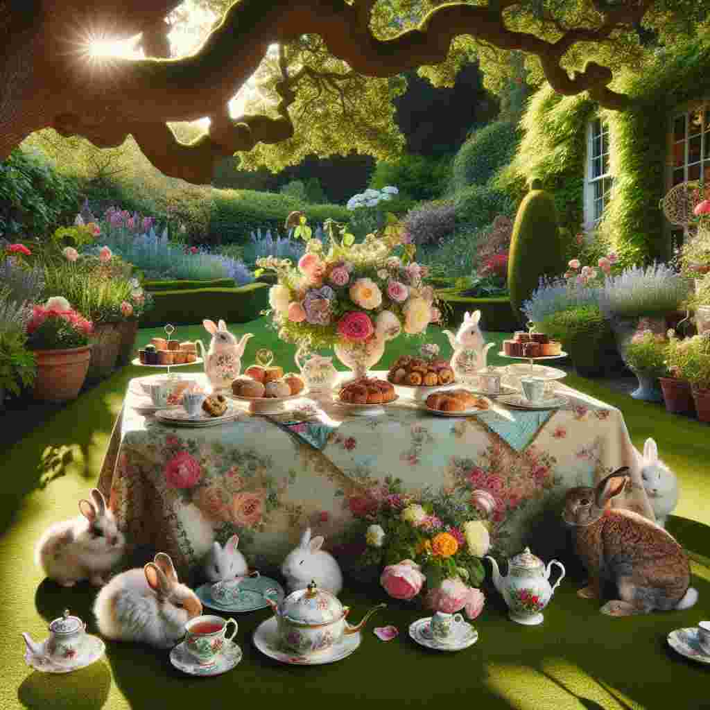 An afternoon lit by the warmth of the sun illuminates a garden terrace. The scenic environment dots a Mother's Day tea party setup. Centerstage is a finely decorated table cloaked in a floral-patterned tablecloth, garnished with refined china ware and fragile teacups, encircled by a burst of vibrant flowers. Adding a fanciful flair to the ambience are several amiable, fluffy rabbits, some are chewing leisurely on the verdant grass while others curious, are sneaking peeks at the enticing baked scones, pastries, and small cutoff sandwiches prepared for the celebration. Two teapots—one packed with traditional Earl Grey and the other with aroma-filled Jasmine tea—stand by ready to fill the teacups under the comforting shelter of a towering oak tree.
Generated with these themes: Rabbits , and Afternoon tea.
Made with ❤️ by AI.
