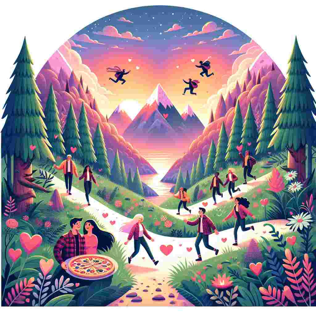Create a charming illustration of a Valentine's celebration set in a majestic landscape. At the center, visualize a whimsical mountainscape adorned with heart-shaped peaks and a glowing sunset for a backdrop. The foreground features a lush forest teeming with adventure lovers. Pitch a scene with South Asian and Caucasian heterosexual couples joyously trail running, holding hands amidst a path strewn with heart-shaped flowers. Also, illustrate Black and Hispanic same-gender couples ascending the scenic cliffs hand-in-hand. Nestled within a cozy clearing of the forest, there are Middle-Eastern and white mixed-gender duos sharing slices of pizza, their laughter mingling with the harmony of rustling leaves.
Generated with these themes: Mountains and forests, trail running, climbing, pizza.
Made with ❤️ by AI.