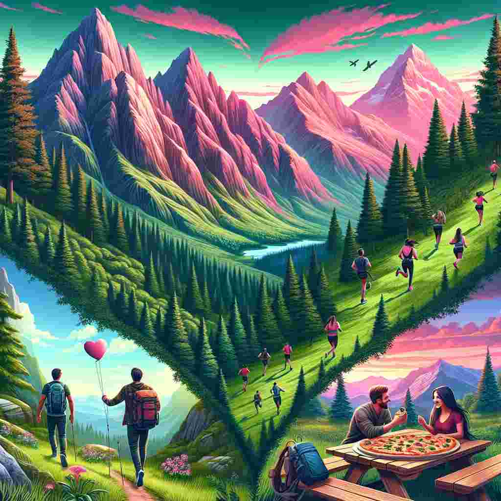 Create a vivid image as a charming homage to Valentine's Day that masterfully combines the serenity of a natural landscape with the merriment of shared hobbies. Grand mountains reach skywards, their summits fondly touched by a tender pink sky that indicates evening is approaching. A verdant forest below acts as an arena for small groups of Black, Hispanic, Caucasian and Middle-Eastern couples happily participating in trail running and rock climbing activities. These climbing paths interestingly contribute to the formation of a heart shape. A cozy picnic spot is tucked amidst the trees, wherein pairs bask in their affection, savoring a shared pizza amid the stunning wilderness scenery surrounding them.
Generated with these themes: Mountains and forests, trail running, climbing, pizza.
Made with ❤️ by AI.