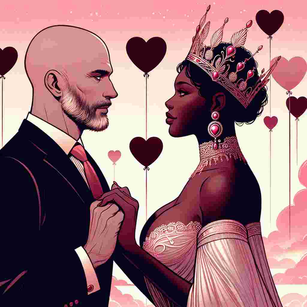 Under a soft, pink-hued sky, a touching illustration depicts the essence of Valentine's Day. A bald Caucasian man, his mature features lightly framed with stubble, stands center stage, his eyes wrapped in a warm exchange with a regally dressed Black woman. Her commanding presence and royal attire dominate the scene. The connection of their interlocked hands radiates love. Heart-shaped balloons ascend into the sky, their silhouettes serving as silent symbols of the couple's mutual affection.
Generated with these themes: : White man with shaven head and stubble around 40 years old and black queen  women.
Made with ❤️ by AI.