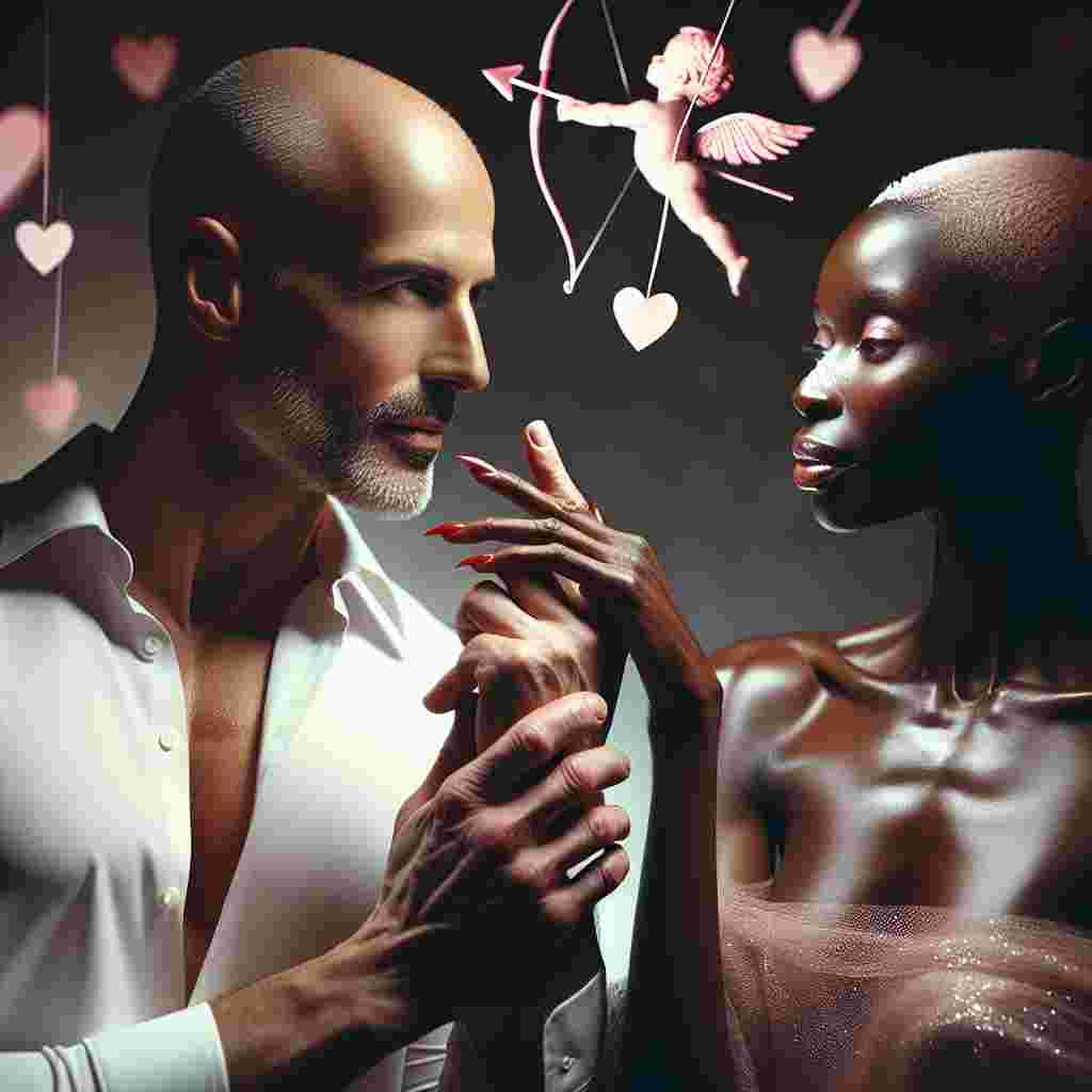 In the midst of a romantic ambiance marked by soft pink hues and delicate hearts fluttering in the air, a Caucasian middle-aged man is present. His shaved head and thin stubble glisten gently under the dim light. His gaze expresses pure affection towards an African descent woman who exudes regal elegance enhanced by an air of gentleness and love. Their hands are linked, fingers intertwined, under the playful representation of a cupid's arrow that floats above them, symbolizing their profound connection on the occasion of Valentine's Day.
Generated with these themes: : White man with shaven head and stubble around 40 years old and black queen  women.
Made with ❤️ by AI.