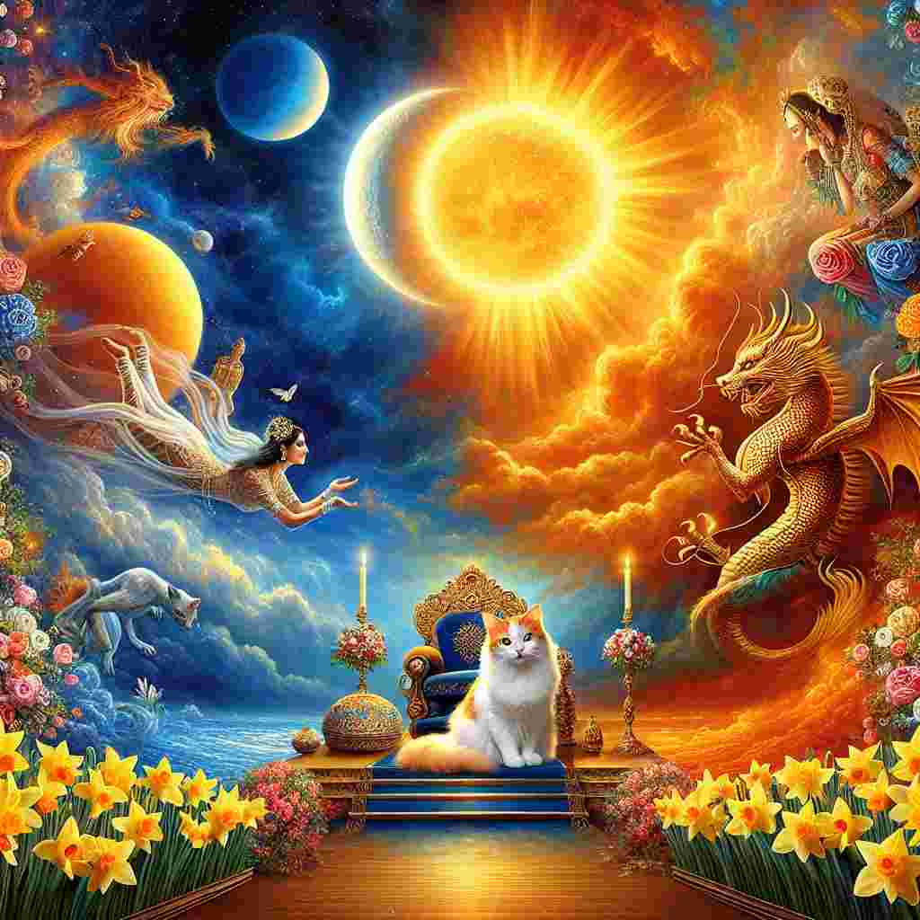 Picture a dreamlike sky with both the sun and the moon dancing in a surreal embrace. A wedding scene showcasing Indian heritage unveils itself in this ethereal backdrop. Seated regally in the midst of this scene is a white and ginger cat, included as a charming testament to the couple's shared affinity for felines. Around the nuptials, golden daffodils blossom, symbolizing fresh starts and the warm sunlight's embrace. An elegant dragon, embodying strength and fortune, traverses around the celestial bodies, bridging day and night. This vibrant medley of elements, both earthly and mythical, conjures an image that is as unique as it is captivating, commemorating the merging of two souls in a realm where everything is feasible.
Generated with these themes: White and ginger cat , India, Daffodil , Sun , Dragon, Moon, and Wedding .
Made with ❤️ by AI.
