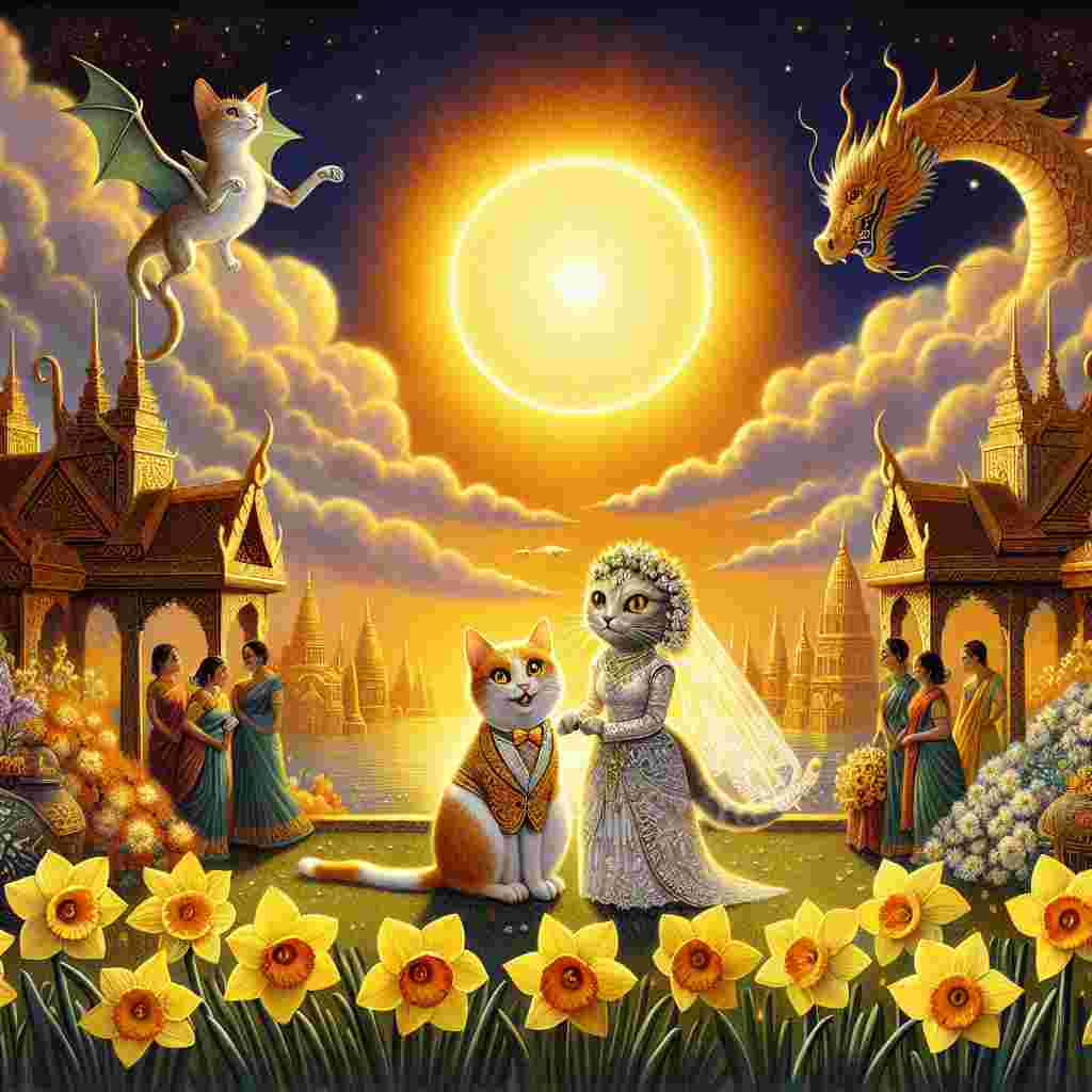A whimsical wedding celebration takes place under a brilliantly radiant sun, casting warm golden hues across a charming Indian landscape. In the center of the scene, a cat with white and ginger fur is dressed in miniature wedding attire, symbolizing unconventional unity. The cat is surrounded by vibrant daffodils, their yellow blossoms reflecting the sun's brilliance, bringing forth the essence of spring's arrival into the wedding ceremony. Above, a benevolent dragon gracefully weaves through the clouds, symbolizing its role as guardian of the newlyweds' future. Balancing the brightness of the day, a soft, dreamy moon hangs overhead. This surreal illustration perfectly encapsulates the merging of day and night, fantasy and reality, illustrating the magic of a wedding ceremony.
Generated with these themes: White and ginger cat , India, Daffodil , Sun , Dragon, Moon, and Wedding .
Made with ❤️ by AI.