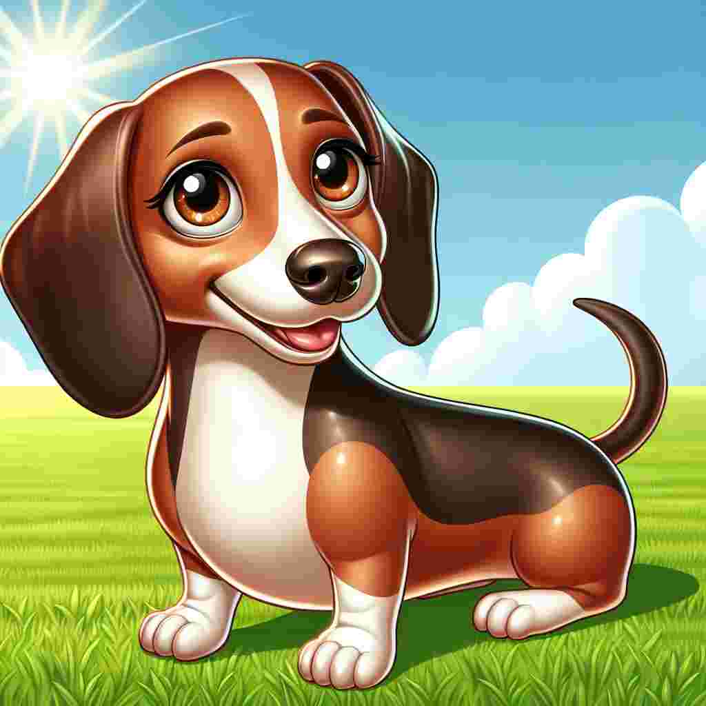 Imagine a delightful cartoon scene featuring an adult Dachshund dog as the central character. The Dachshund is depicted in a regular build, showcasing a shiny coat of brown and white hues that glow brilliantly under the brightly shining sun. Its expressive brown eyes glisten with warmth, which grants it a hospitable and appealing appearance. The Dachshund is positioned neatly on a richly green lawn, with its tail gently swaying side to side in an expression of contentment.
.
Made with ❤️ by AI.