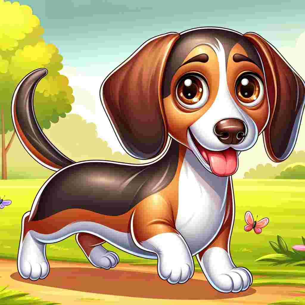 Create an endearing cartoon illustration of a full-grown Dachshund with a sleek brown and white coat. The dog's eyes should be brown and look big and expressive, filled with innocence. Place the dog in a vibrant park setting. The cartoon should emphasize the Dachshund's normal build and short legs, as it exuberantly chases butterflies around the park, its demeanor radiating joy and playfulness.
.
Made with ❤️ by AI.