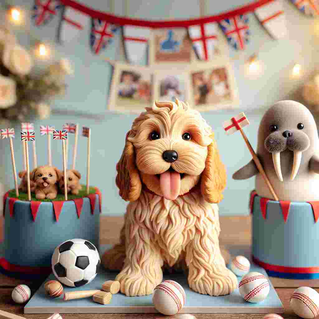 This charming birthday scene conveys a playful spirit through its cute cartoon theme. In the center, a golden Cockapoo puppy sticks its tongue out in a playful manner, embodying the cheerful aura of the party. The ambiance is further enriched with elements of England's favorite sport, soccer, manifested through miniature flags and soccer balls scattered around. Adding a touch of soft contrast, a baby walrus, teeming with gentleness, adorns a festive ribbon and interacts cozily with a tiny cricket ball. The celebration is made even more charming with cake toppers shaped like cricket bats, reaffirming the love for the popular English sport.
Generated with these themes: Gold cockapoo puppy with tongue out, England soccer, Cricket, and Baby walrus.
Made with ❤️ by AI.