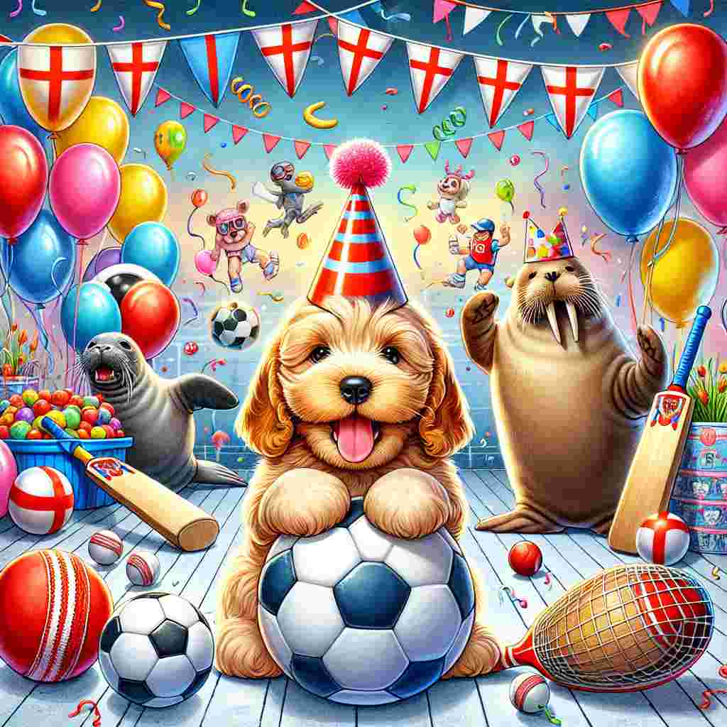 Illustrate a vibrant sports-themed birthday party. At the center of the party is a playful gold cockapoo puppy, its tongue joyfully sticking out. Surrounding the puppy are colorful decorations inclusive of balloons and streamers portraying England's famous red and white colors, symbolizing a fondness for soccer. In one corner, a delightful caricature of a baby walrus wearing a party hat is gently pushing a soccer ball using its flippers. Overhead, cricket bats and balls are creatively strung up, completing the cartoonish birthday celebration ambiance.
Generated with these themes: Gold cockapoo puppy with tongue out, England soccer, Cricket, and Baby walrus.
Made with ❤️ by AI.